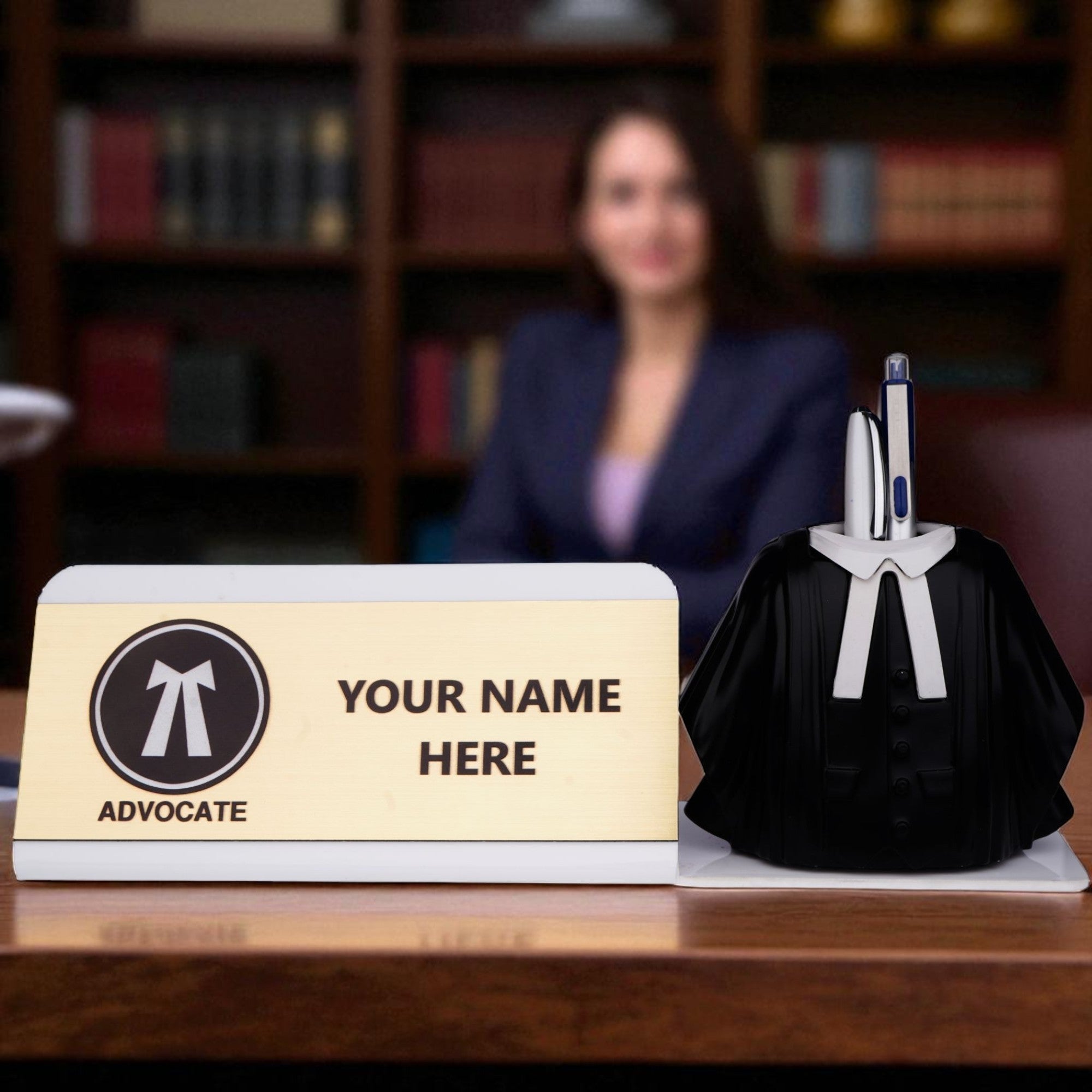 Shayona Personalized Advocate Desk Name Plate with Lawyer Coat Pen Holder White color | Custom Name Plate for Lawyers | Office Table Gift