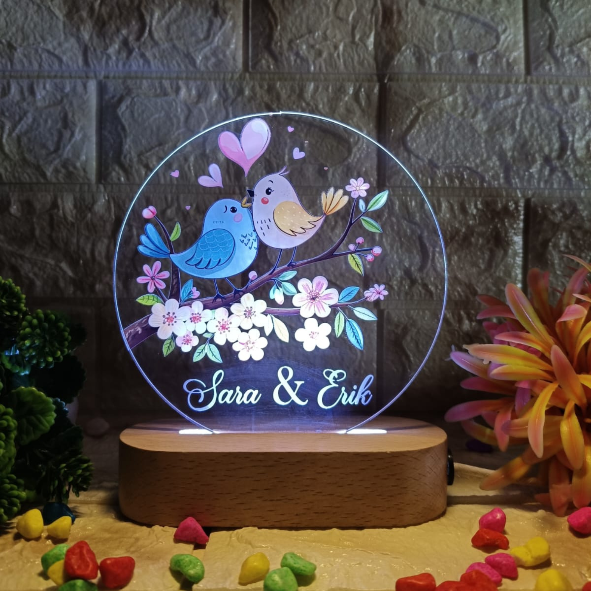 Shayona Personalized LED Acrylic Night Lamp with Love Birds Design | Custom Names Gift for Couples, Anniversary, Valentine's Day