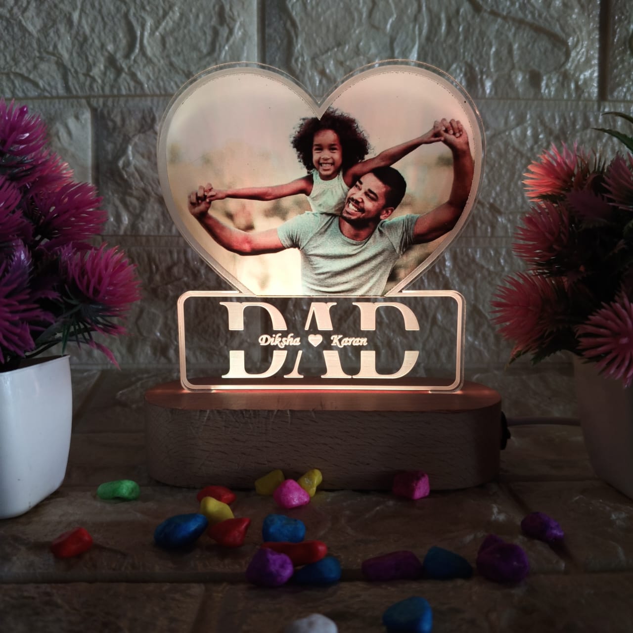 Personalized LED Acrylic Lamp with Photo & Names – Heart Shape "DAD" Gift for Father, Birthday, Anniversary, Father’s Day