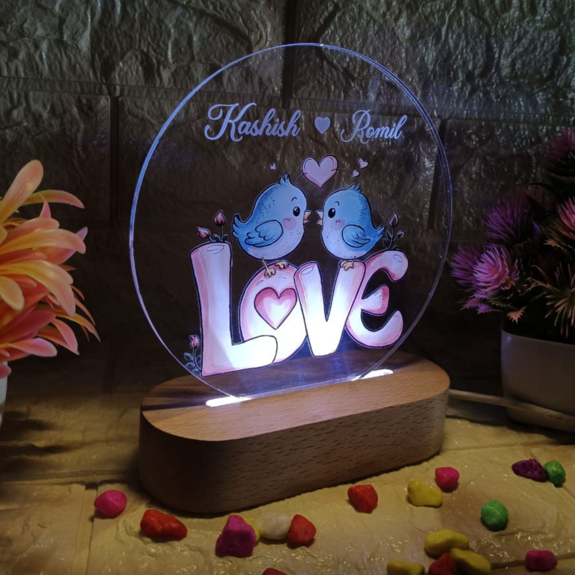 Shayona Personalized Love Bird LED Lamp | Custom Couple Name Acrylic Light | Romantic Gift with Wooden Base
