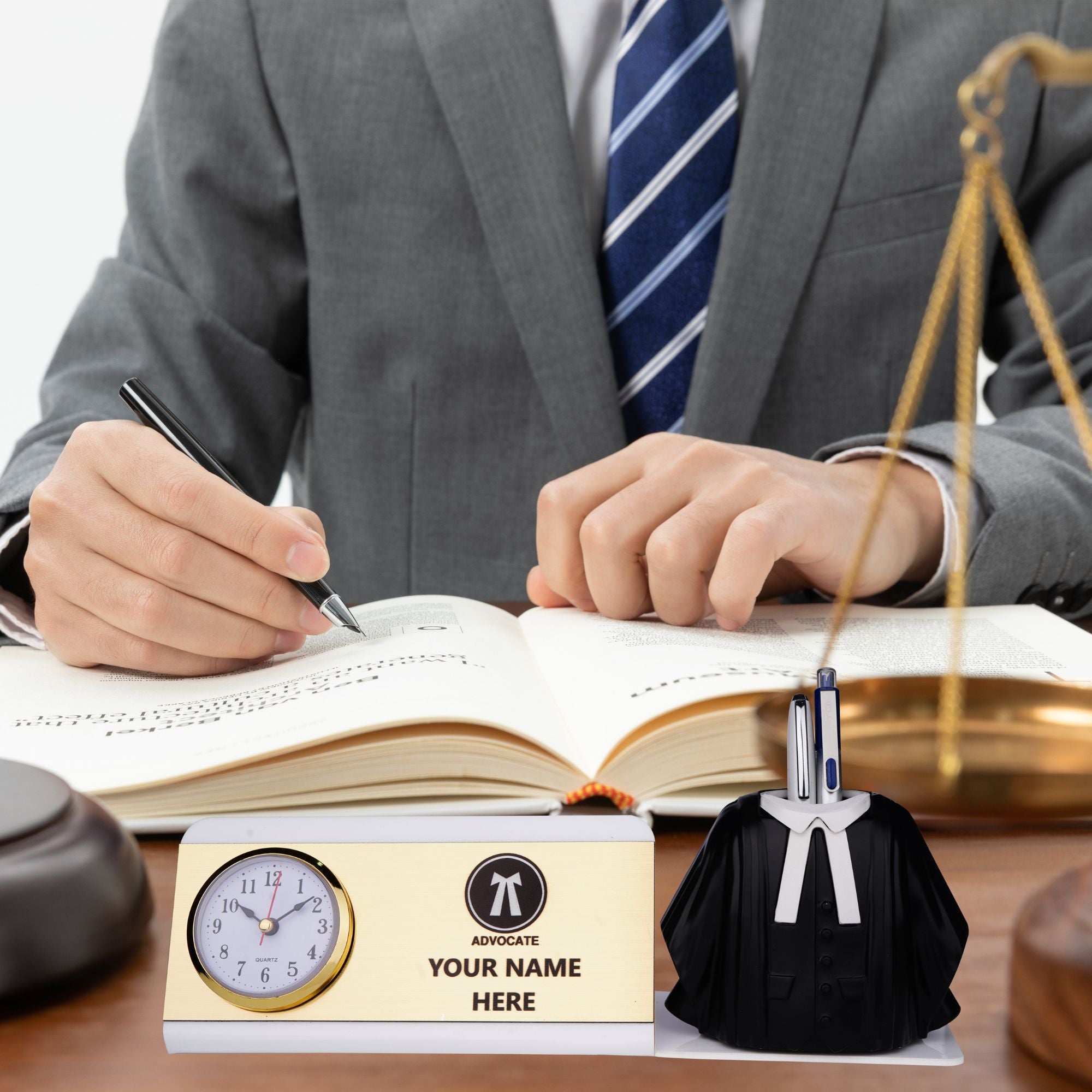 Shayona Personalized Advocate Desk Name Plate with Clock & Gown Pen Holder white color | Customized Lawyer Office Table Decor | Gift for Advocates, Judges & Law Students