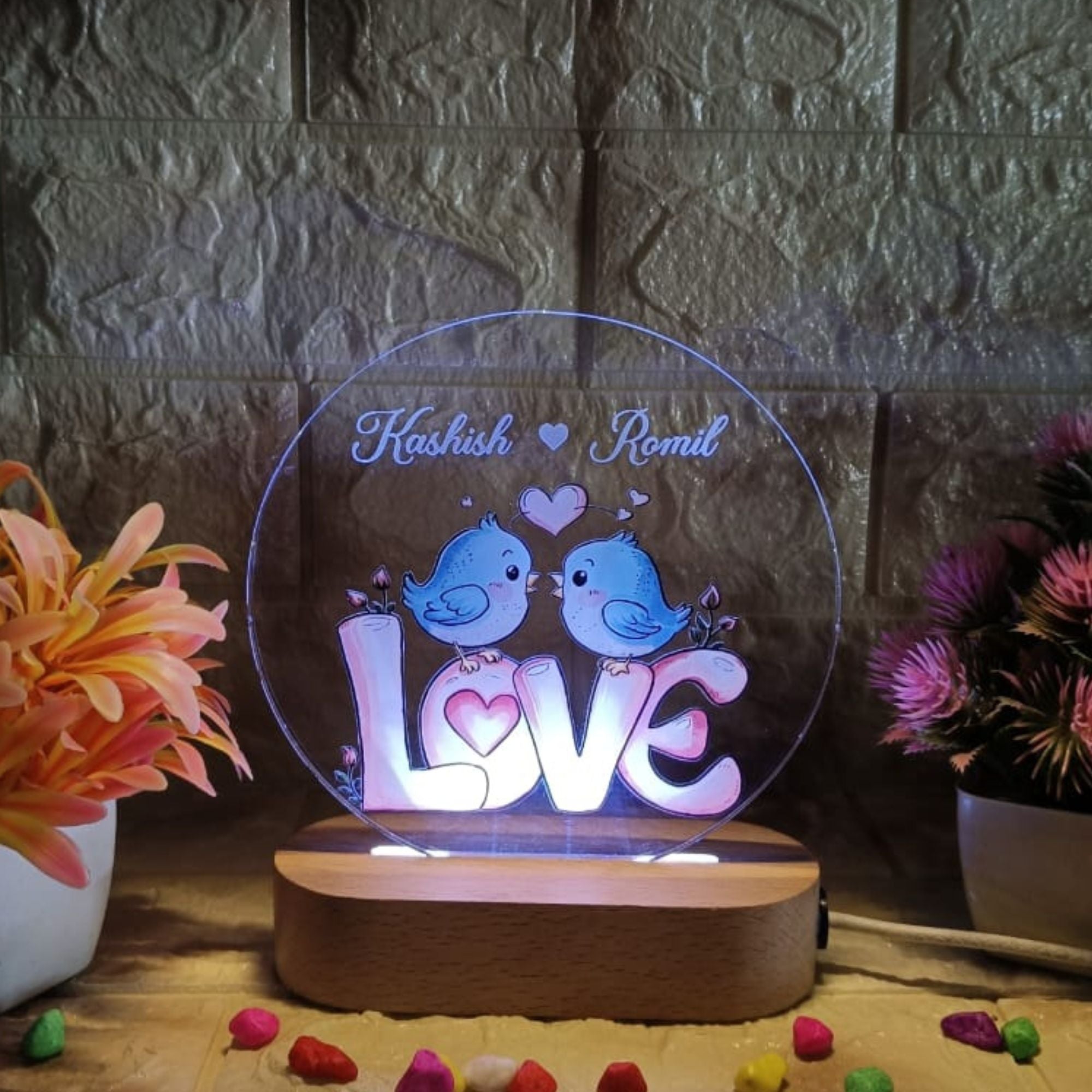 Shayona Personalized Love Bird LED Lamp | Custom Couple Name Acrylic Light | Romantic Gift with Wooden Base