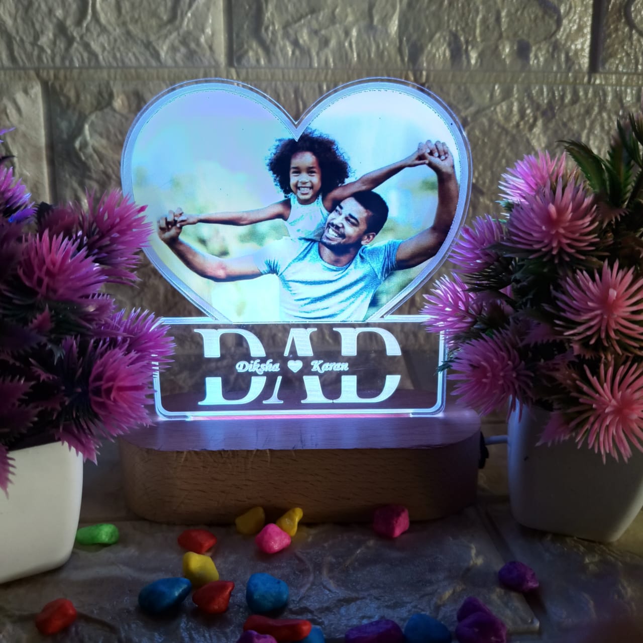 Personalized LED Acrylic Lamp with Photo & Names – Heart Shape "DAD" Gift for Father, Birthday, Anniversary, Father’s Day