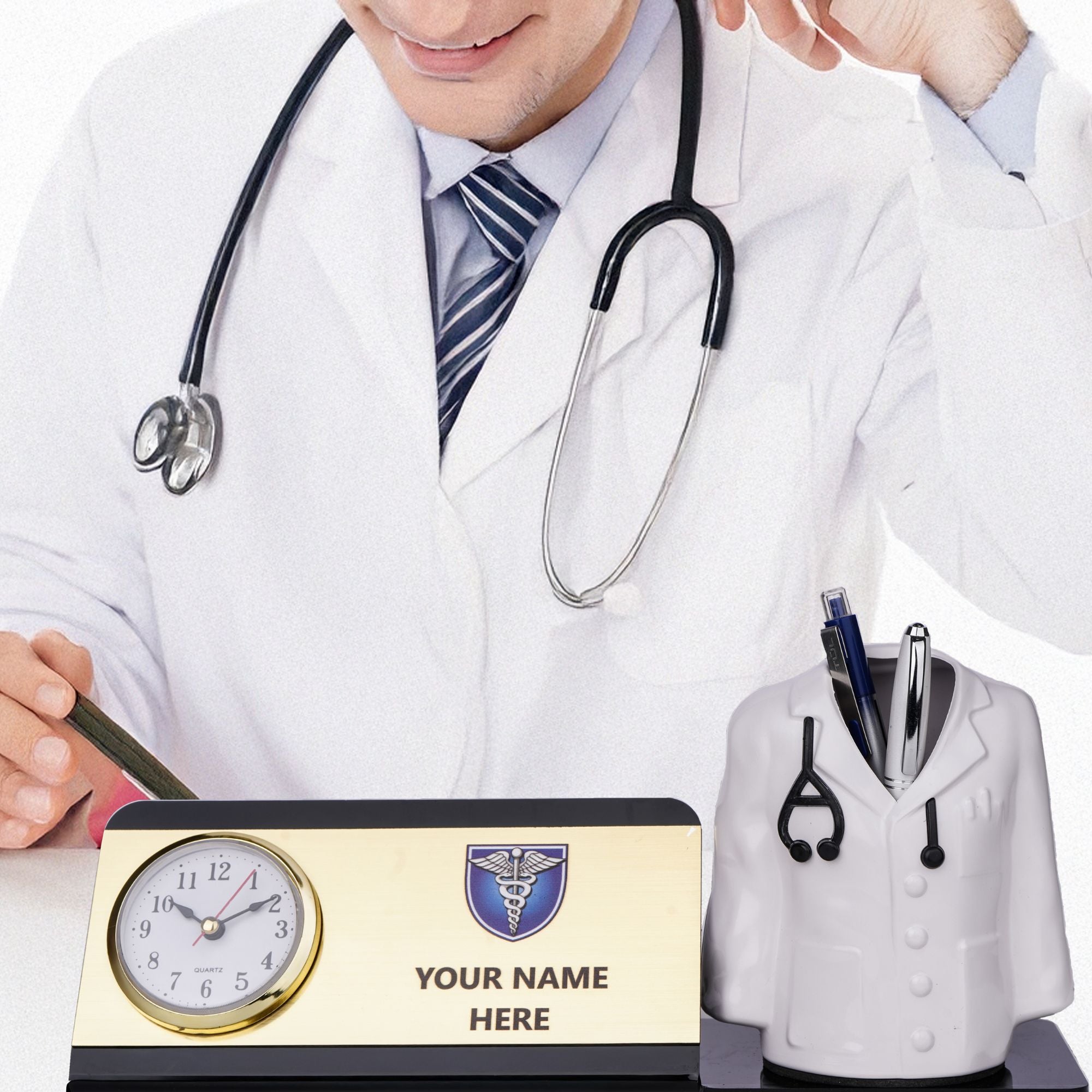 Shayona Personalized Doctor Desk Name Plate with Clock & Pen Holder Black color | Customizable Medical Office Desk Organizer | Doctor’s Day & Graduation Gift