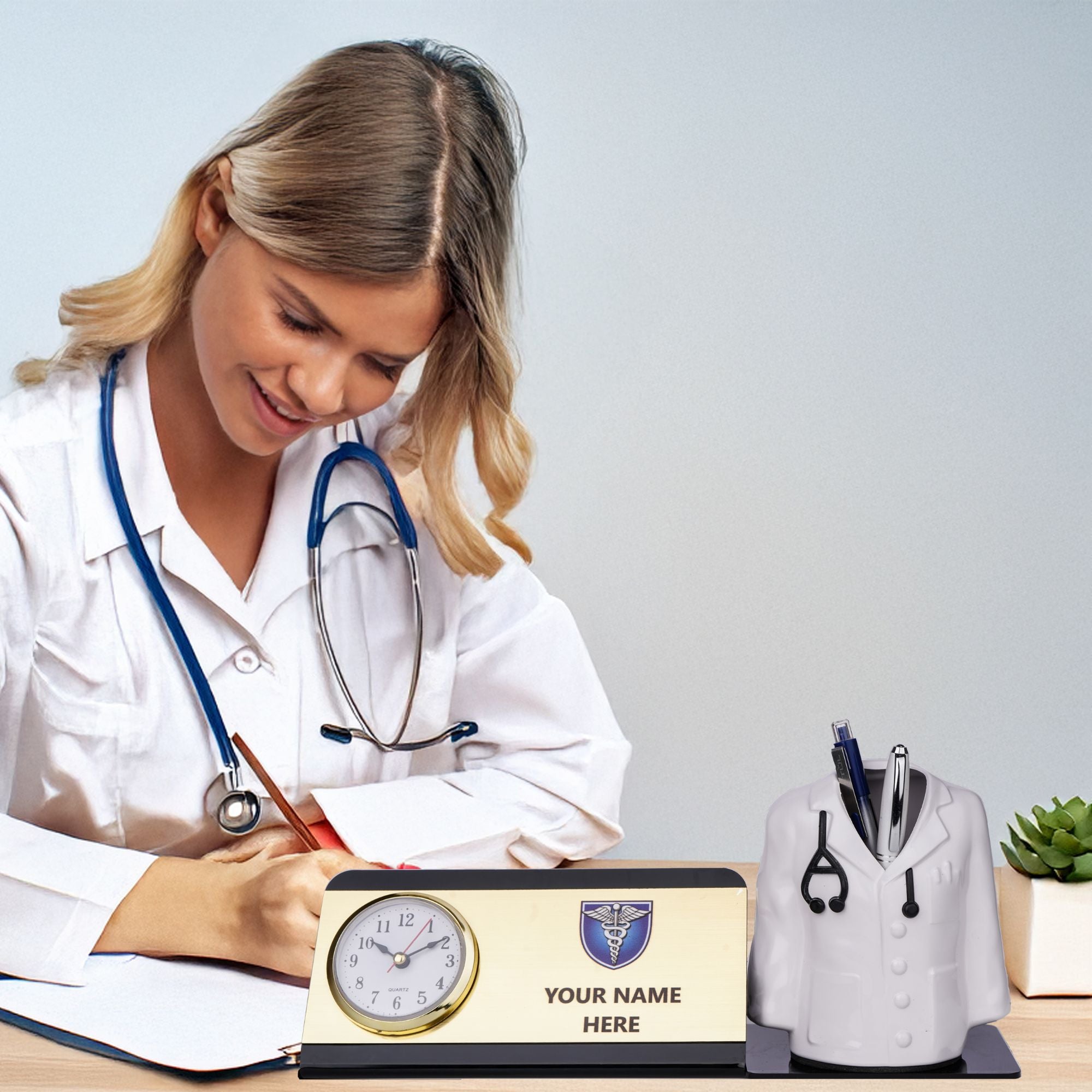 Shayona Personalized Doctor Desk Name Plate with Clock & Pen Holder Black color | Customizable Medical Office Desk Organizer | Doctor’s Day & Graduation Gift