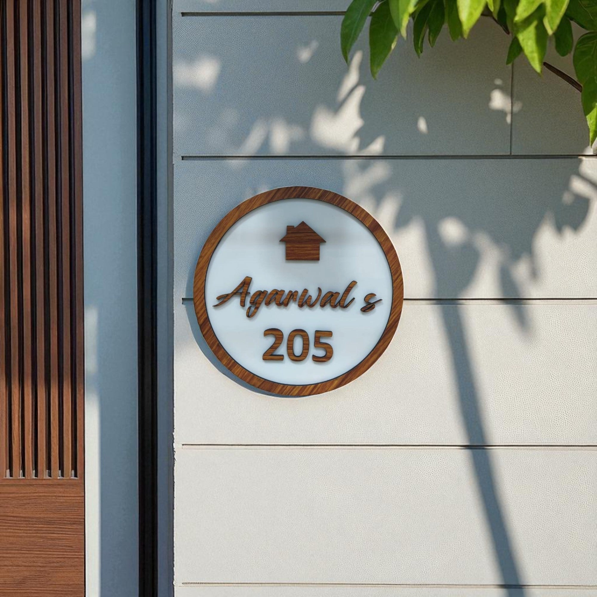 shayona gift shop Personalized Round Wooden Nameplate – Custom Home Door Sign with House Number & Family Name