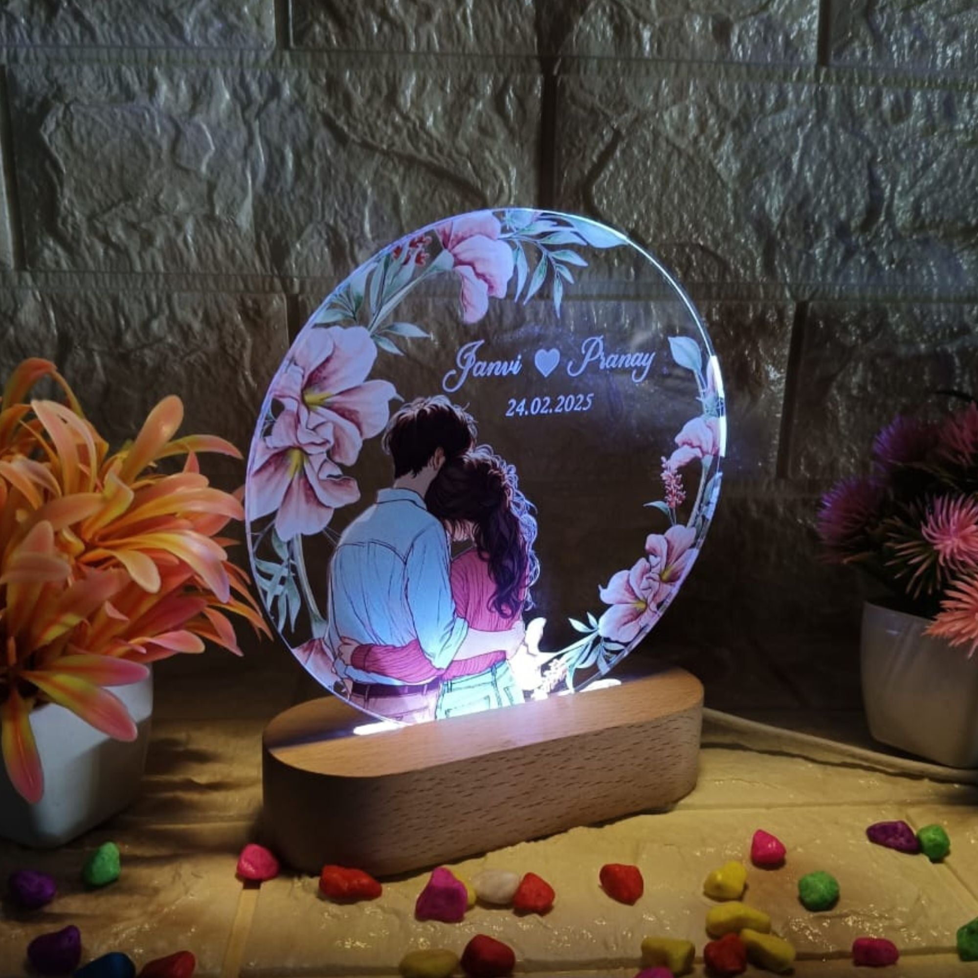 Shayona Personalized LED Round Acrylic Lamp for Couple | Custom Name & Date | Romantic Gift with Wooden Base