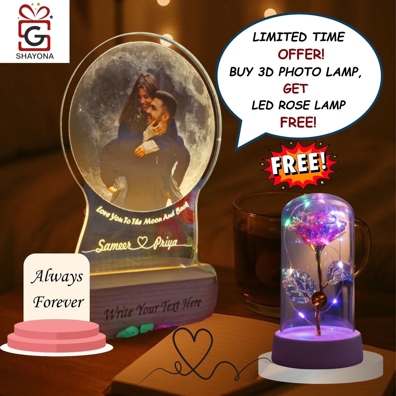 Shayona Personalize Acrylic 3D LED UV Printed Photo moon Lamp, Multicolor