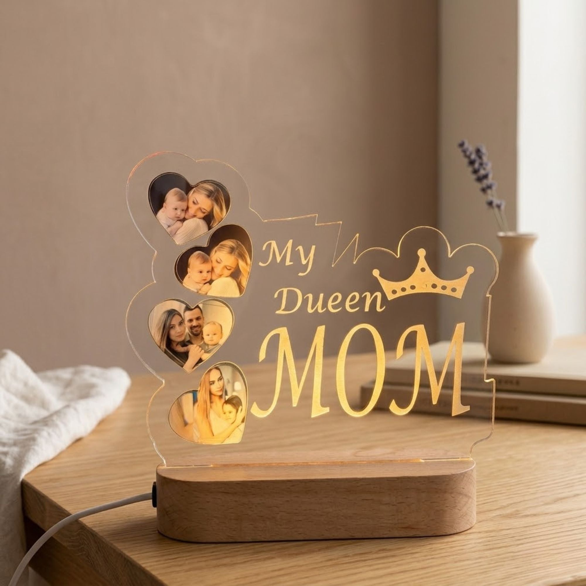 Shayona Gift Shop- Personalized "My Queen Mom" Photo Night Light | Custom 4-Photo Heart Collage Acrylic Lamp | Mother's Day Gift