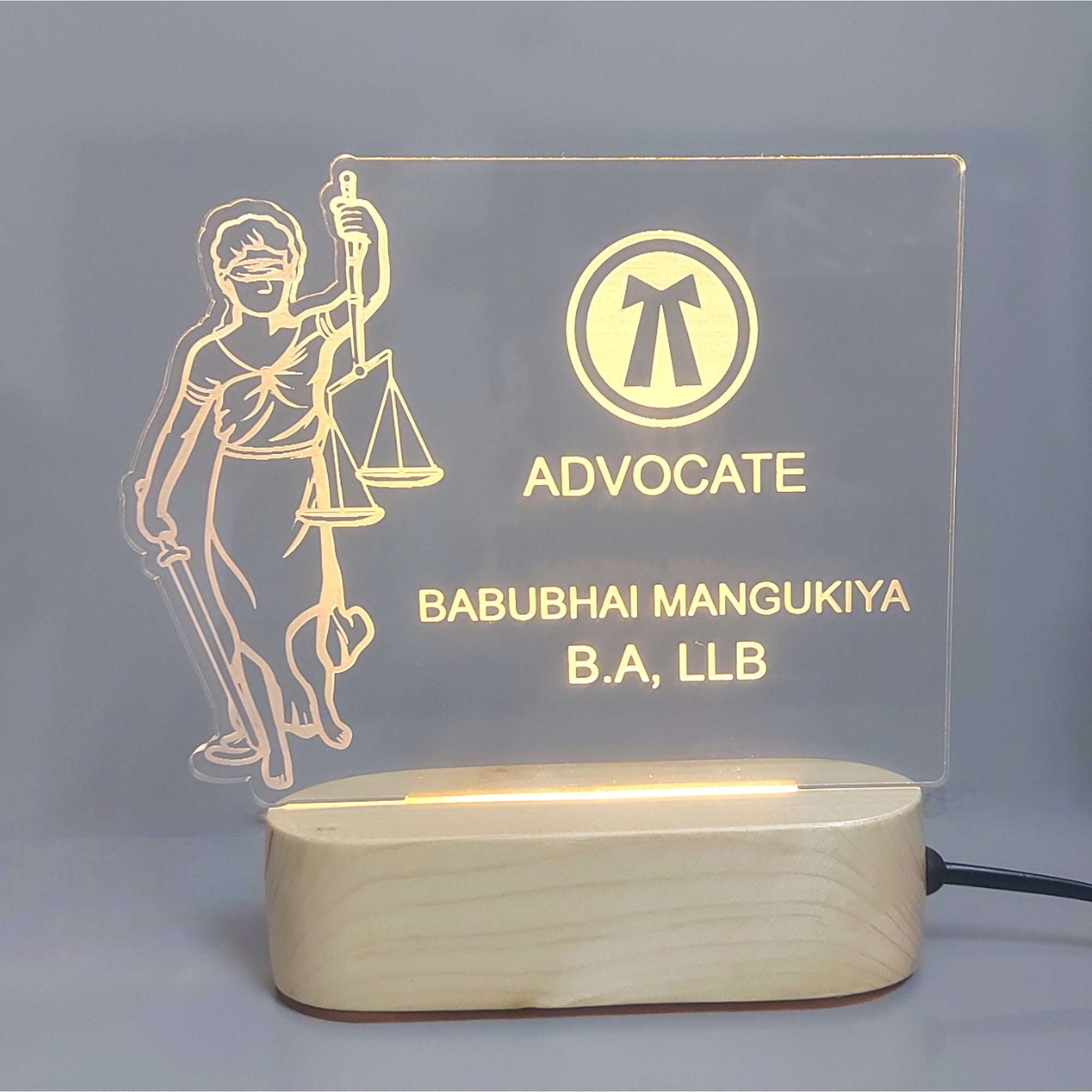 SHAYONA Personalized Led Lamp Customized Advocate Name and Degree Write Desk Table lamp Gift for Lawyers, Law Students Wooden Base-Warm White-22CM