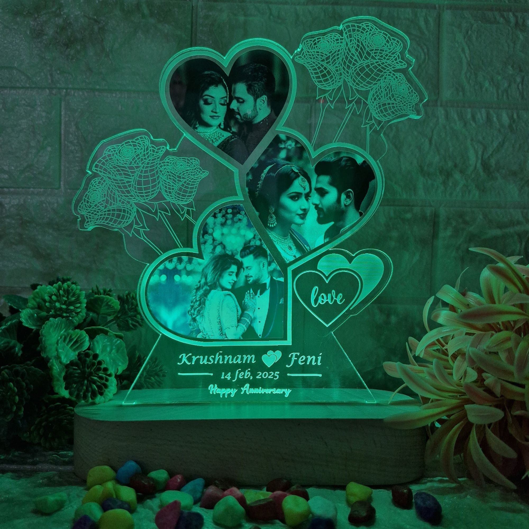 Shayona Customized LED Acrylic Photo Lamp with Name & Date | Heart-Shaped Design with Roses | Anniversary, Wedding, Valentine Gift for Couples