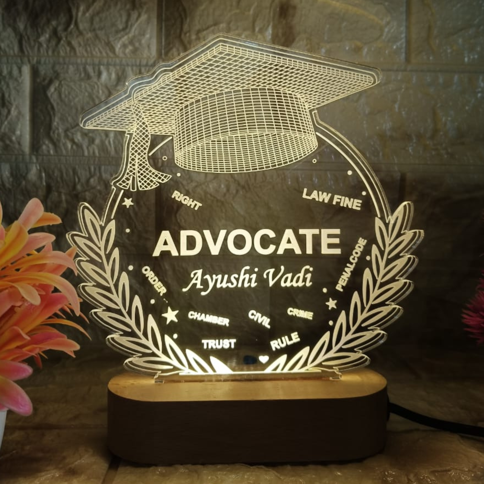 "Customized LED Name Lamp for Advocate | Personalized Graduation Gift with Engraved Legal Icons & Name | Acrylic Night Light for Lawyers"