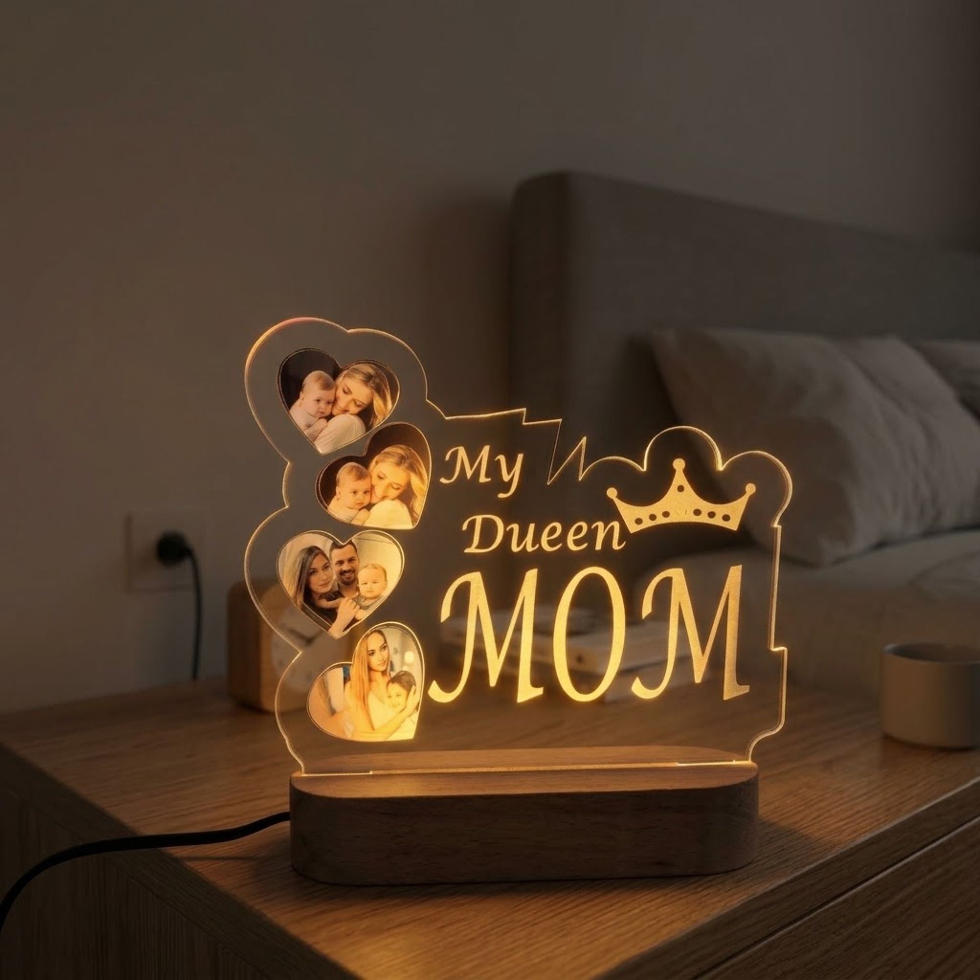 Shayona Gift Shop- Personalized "My Queen Mom" Photo Night Light | Custom 4-Photo Heart Collage Acrylic Lamp | Mother's Day Gift