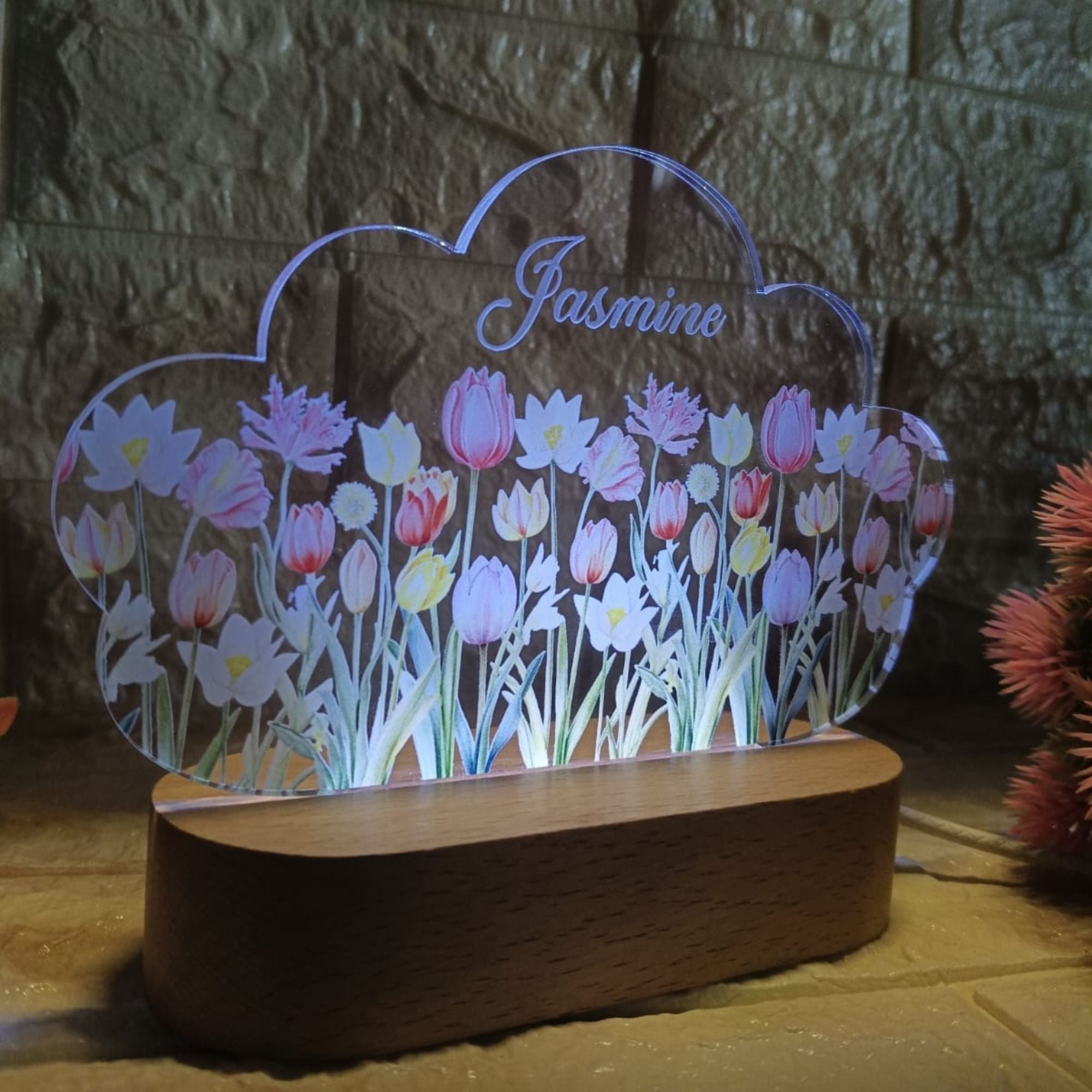 Shayona Personalized Cloud-Shaped LED Night Lamp | Custom Name Floral Acrylic Light with Wooden Base | Decorative Gift for Kids, Girls, Birthday, Nursery