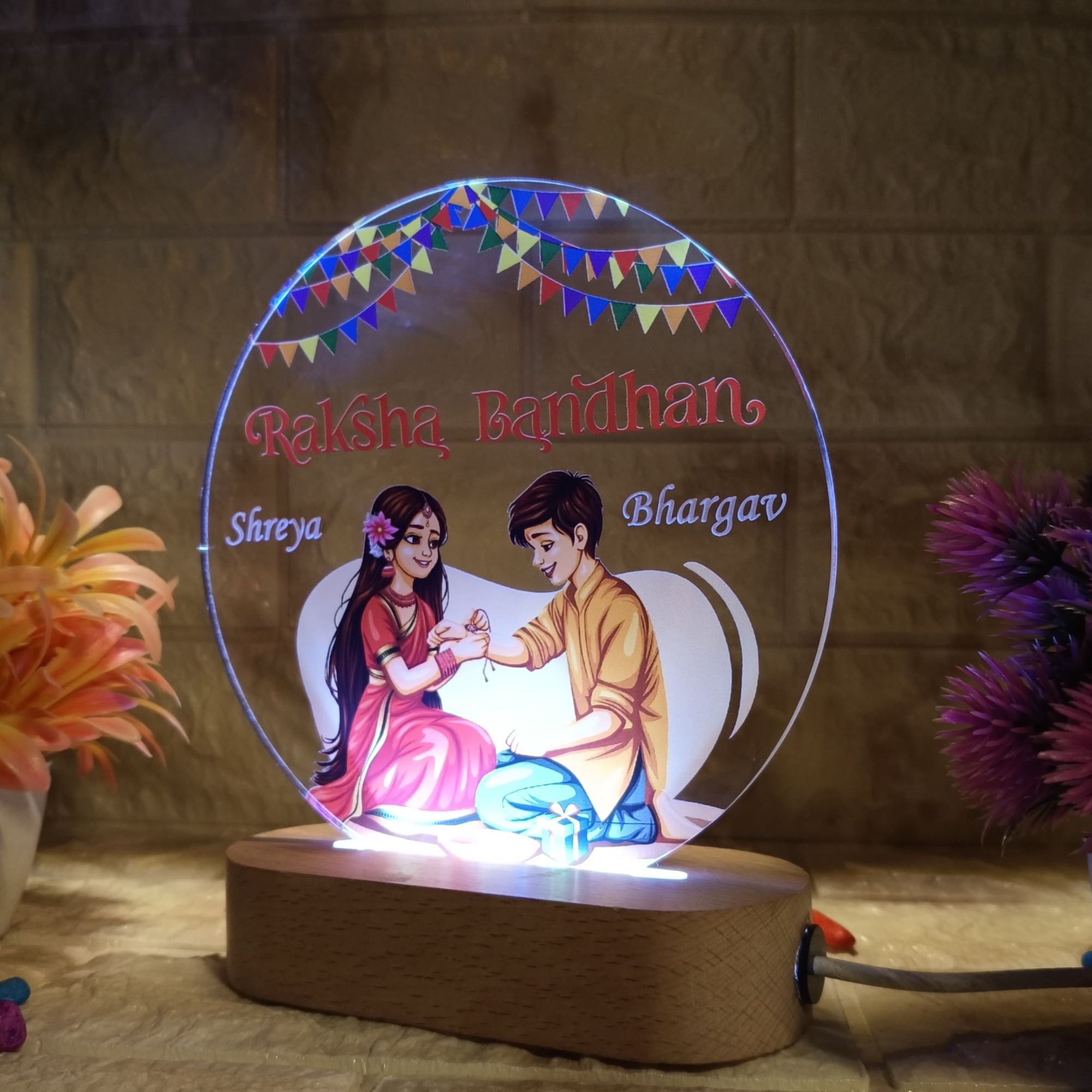 Shayona Customized LED Acrylic Lamp for Brother | Rakshabandhan Gift with Name & Photo | Wooden Base Light Frame