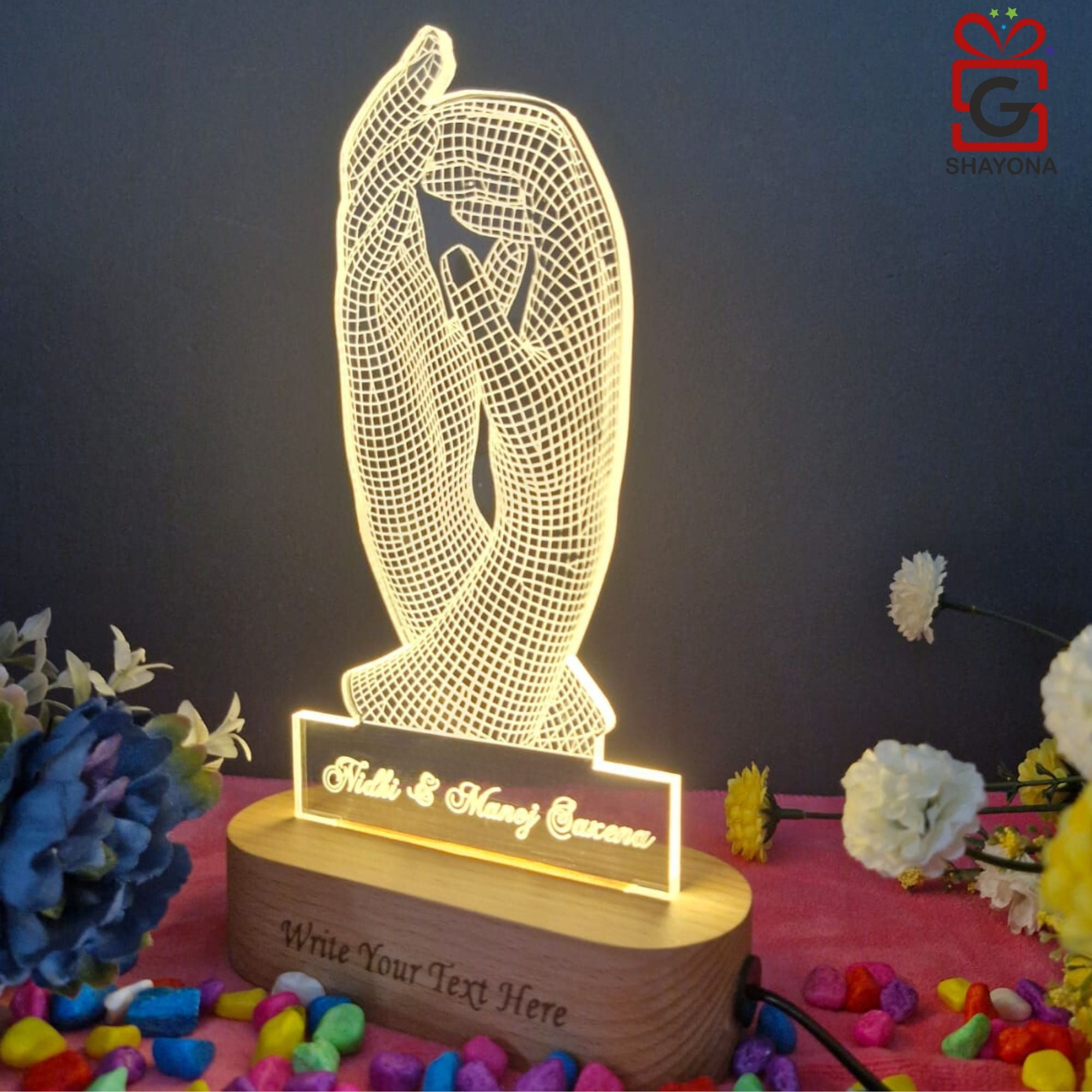 Shayona Personalized Love Handshake 3D Illusion Led Light Lamp Showpiece- 22CM