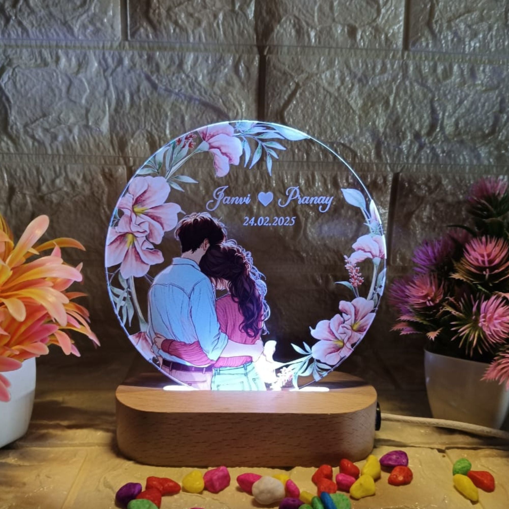 Shayona Personalized LED Round Acrylic Lamp for Couple | Custom Name & Date | Romantic Gift with Wooden Base