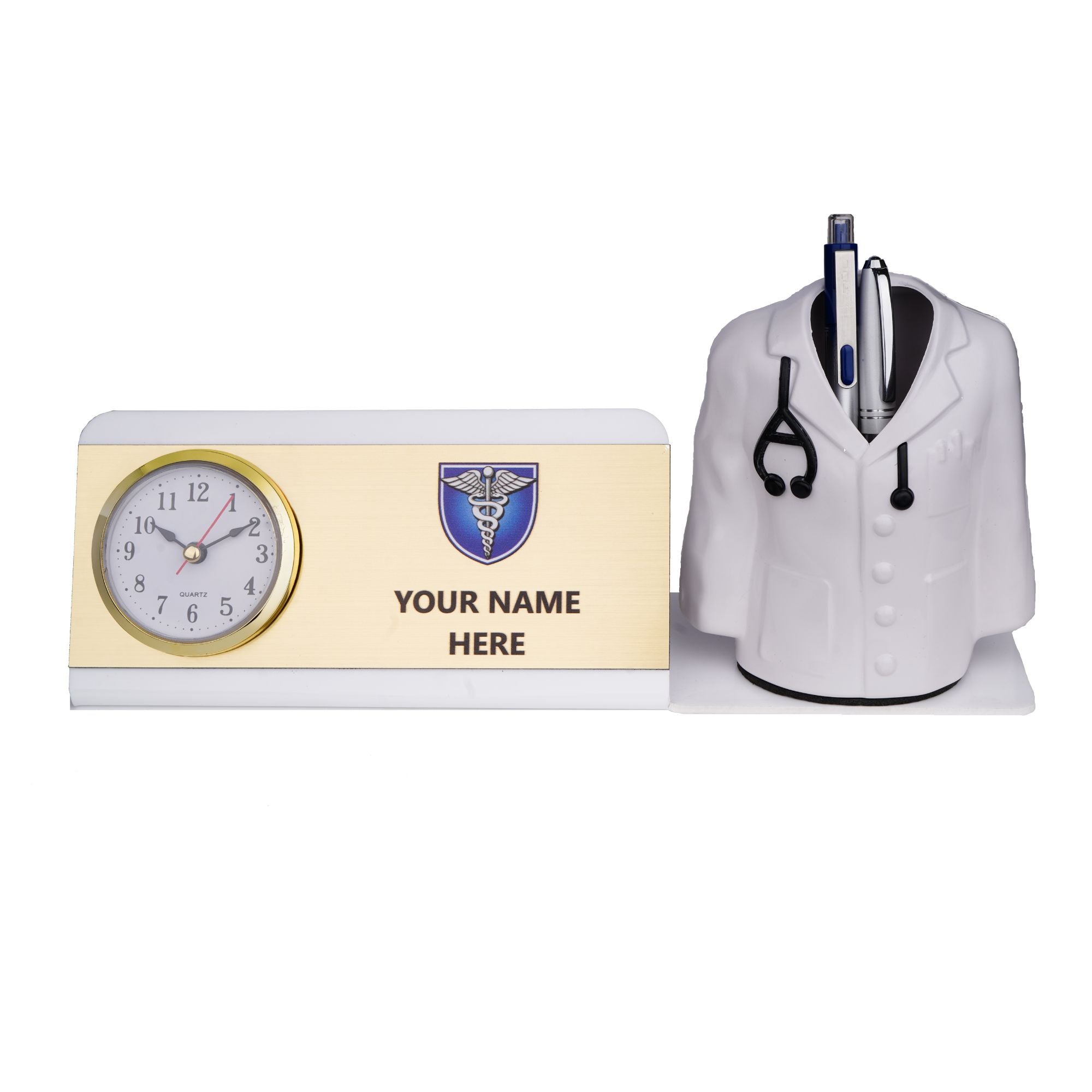 Shayona Personalized Doctor Desk Name Plate with Clock & Coat Pen Holder White Color| Custom Medical Office Desk Organizer | Doctor Gift Item