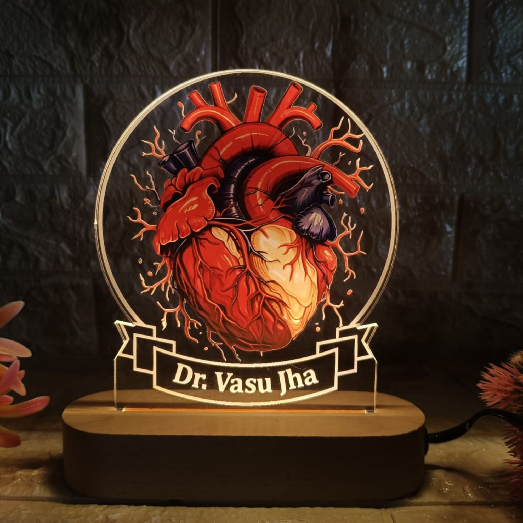 Shayona Personalized Anatomical Heart LED Night Lamp | Custom Name Acrylic Lamp with Wooden Base | Gift for Doctors, Cardiologists, Medical Students