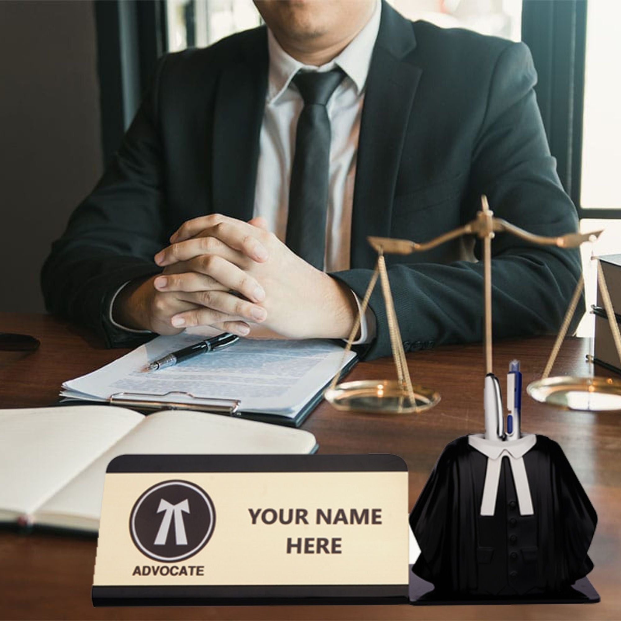 Shayona Personalized Advocate Desk Name Plate with Lawyer Coat Pen Holder black color | Custom Legal Professional Gift | Advocate Office Desk Organizer