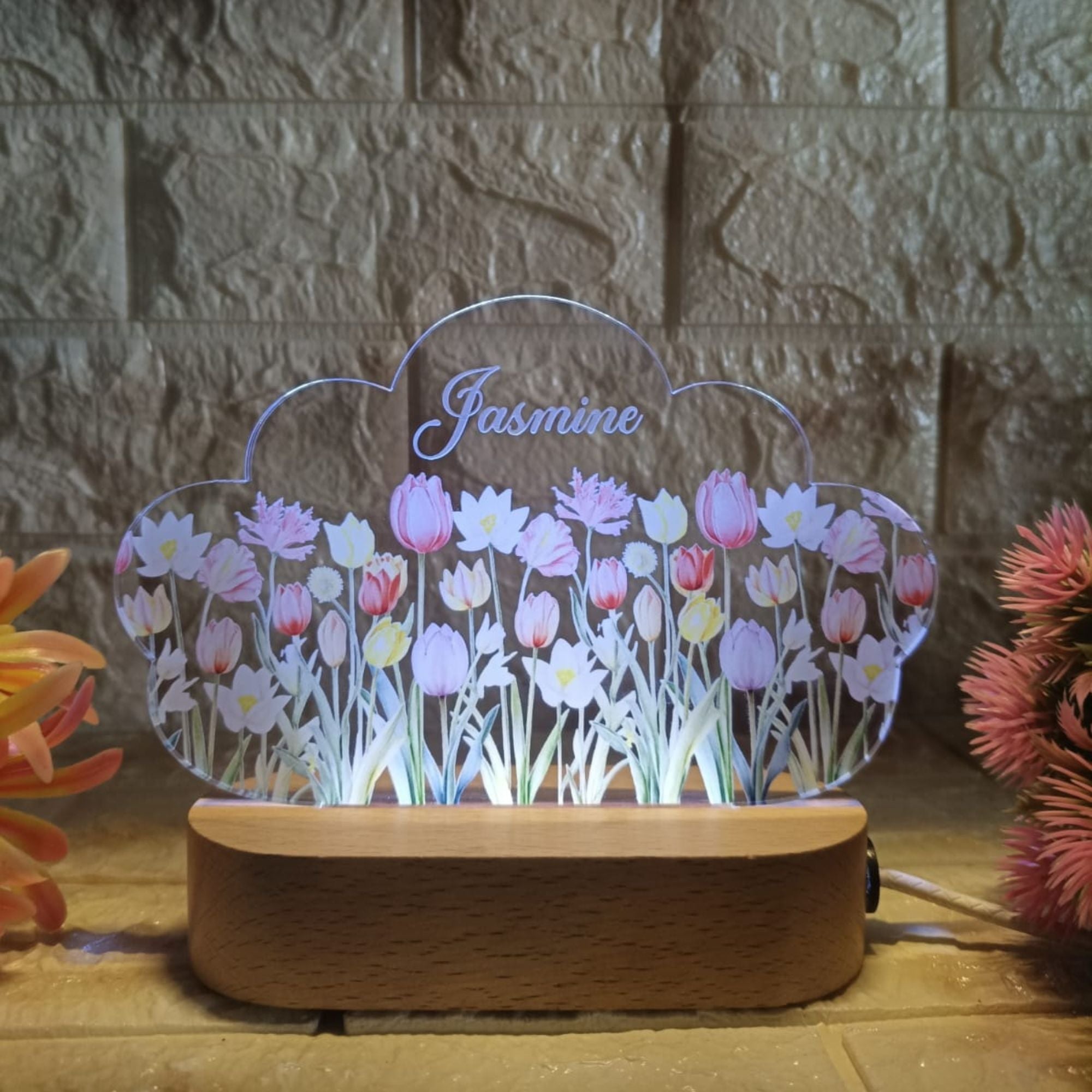 Shayona Personalized Cloud-Shaped LED Night Lamp | Custom Name Floral Acrylic Light with Wooden Base | Decorative Gift for Kids, Girls, Birthday, Nursery