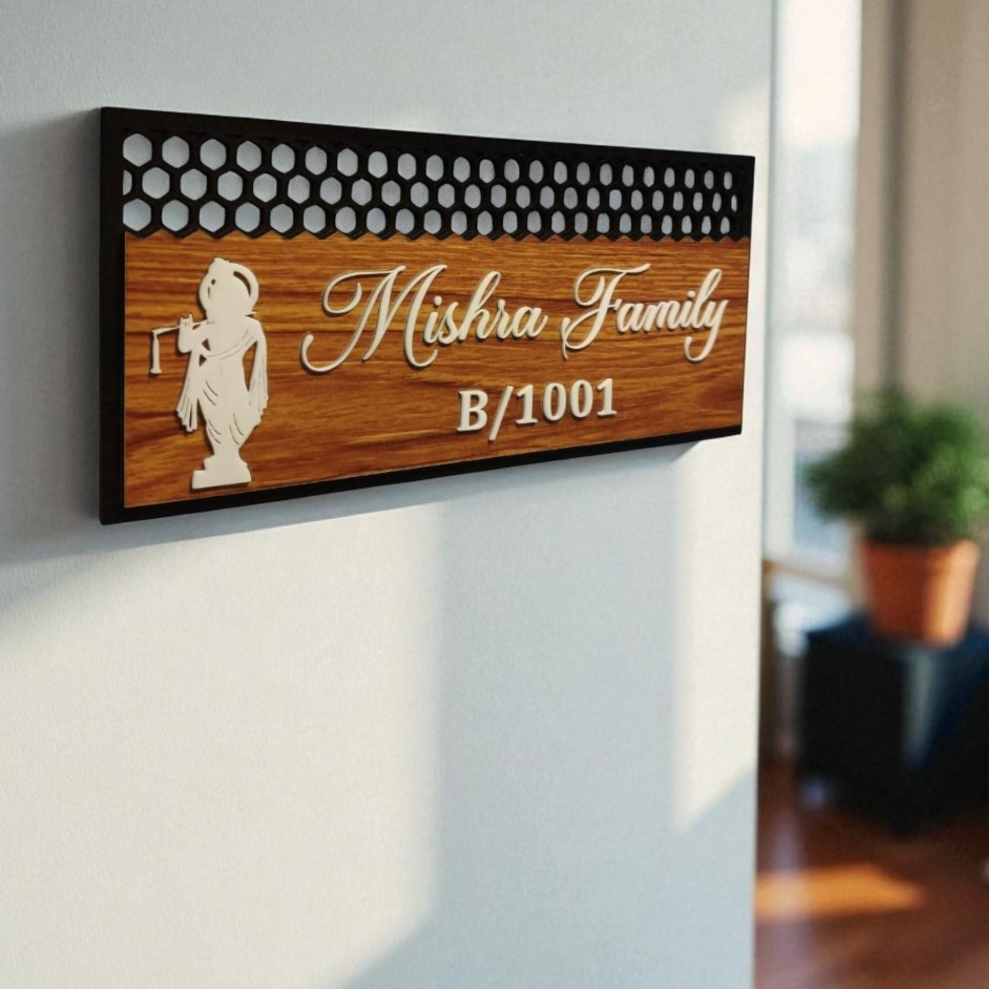 Personalized Wooden Name Plate with krishna Design | Custom Family Name & House Number Board for Home Entrance