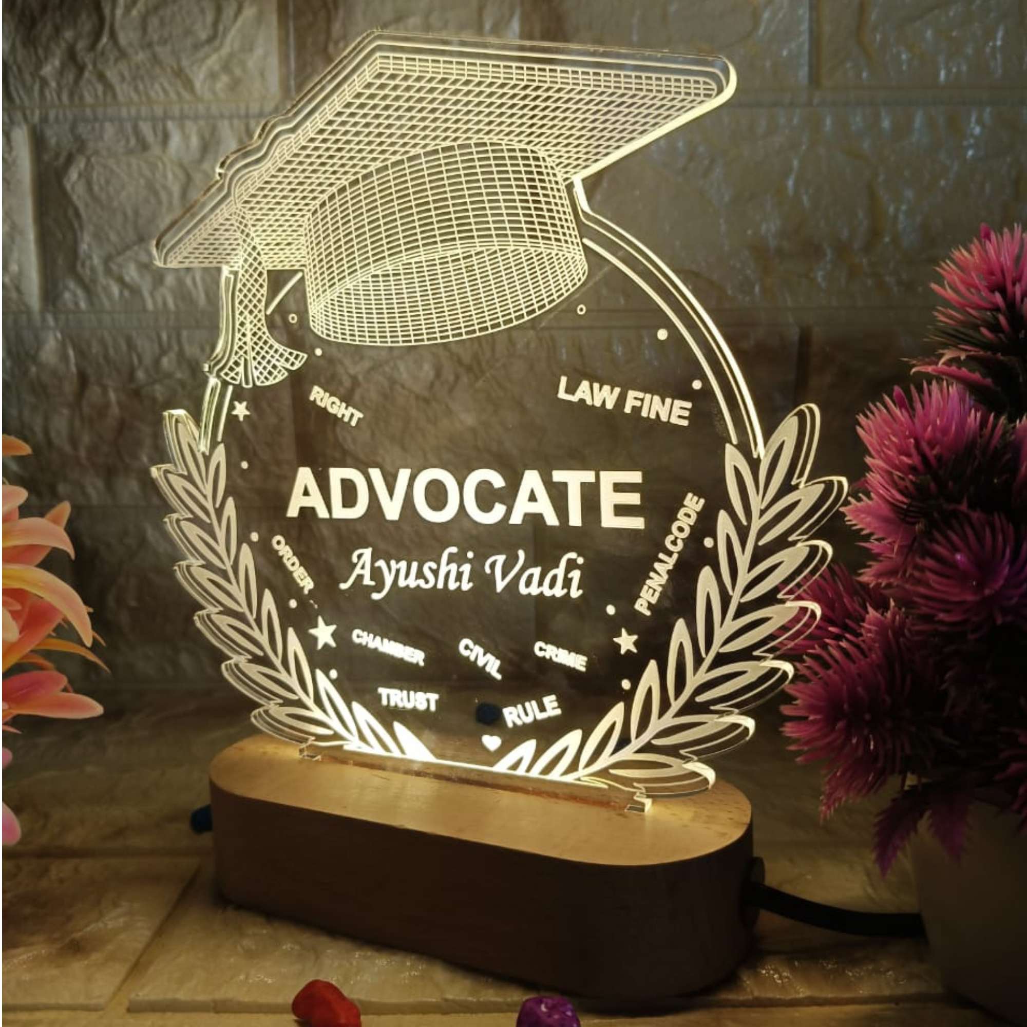 "Customized LED Name Lamp for Advocate | Personalized Graduation Gift with Engraved Legal Icons & Name | Acrylic Night Light for Lawyers"