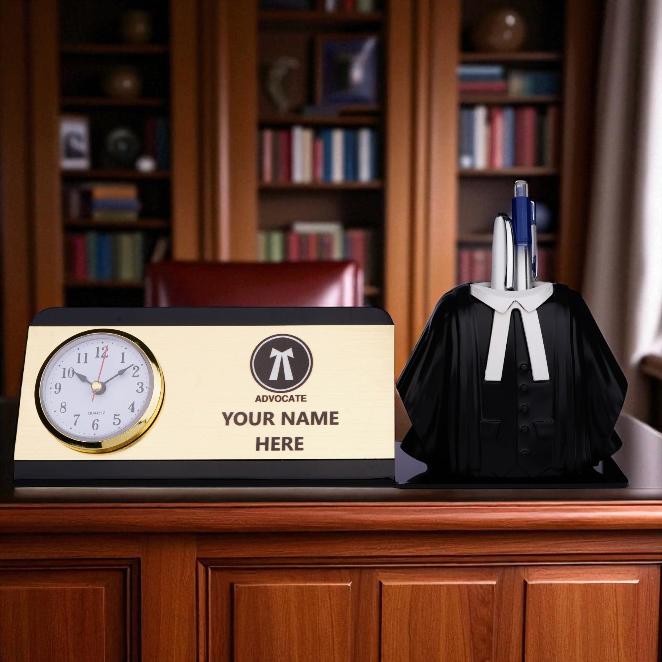 Shayona Personalized Advocate Desk Name Plate with Clock & Gown Pen Holder Black Color| Custom Lawyer Office Table Nameplate | Unique Gift for Advocates & Legal Professionals