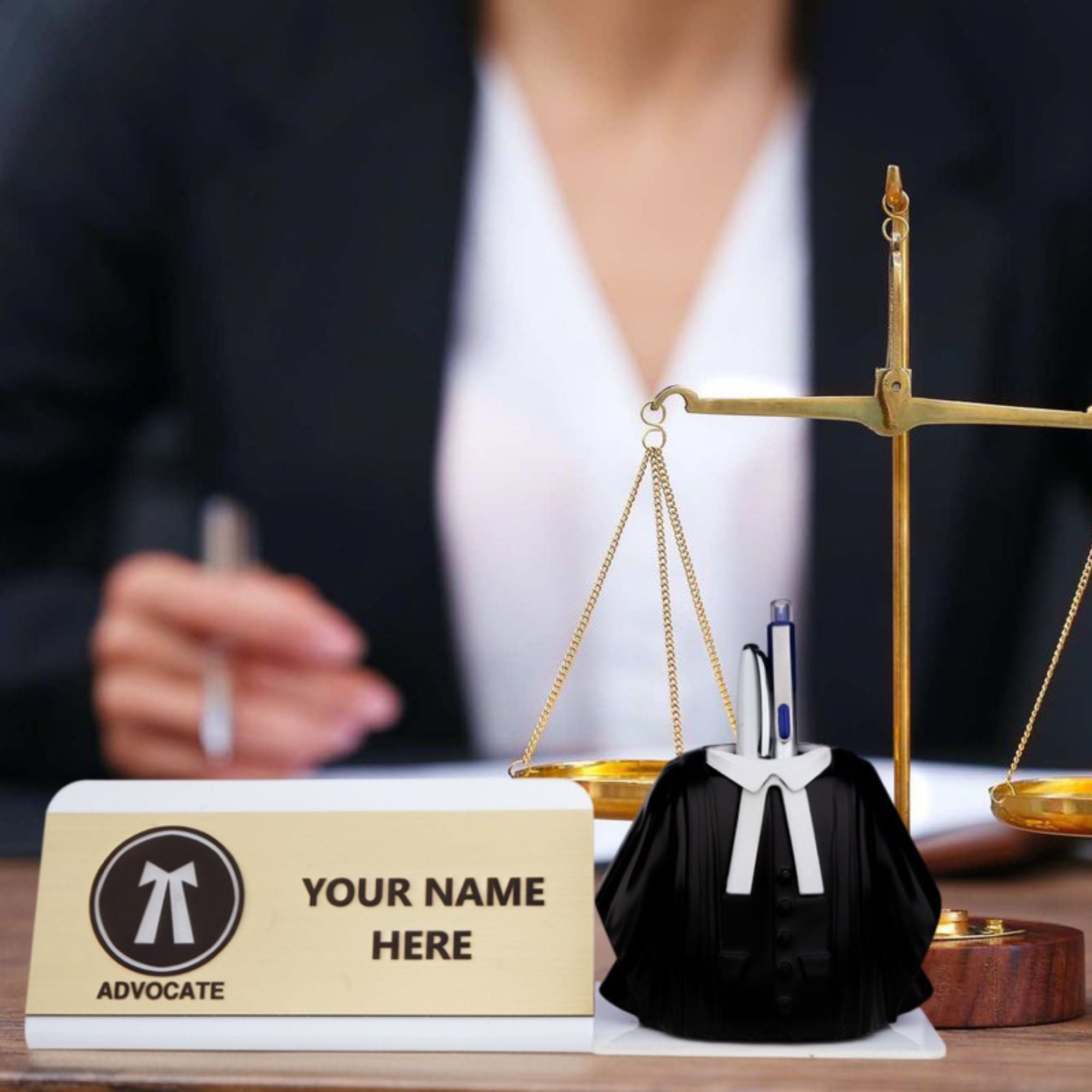 Shayona Personalized Advocate Desk Name Plate with Lawyer Coat Pen Holder White color | Custom Name Plate for Lawyers | Office Table Gift