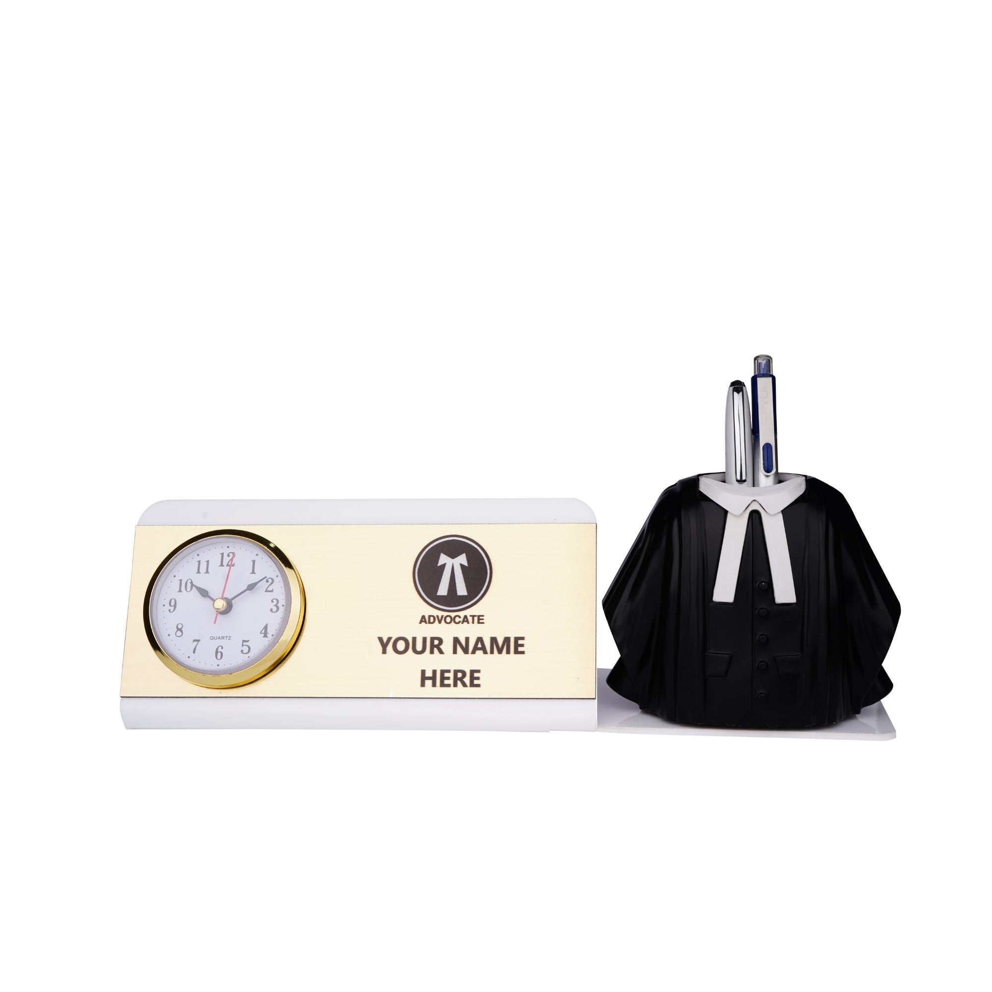 Shayona Personalized Advocate Desk Name Plate with Clock & Gown Pen Holder white color | Customized Lawyer Office Table Decor | Gift for Advocates, Judges & Law Students