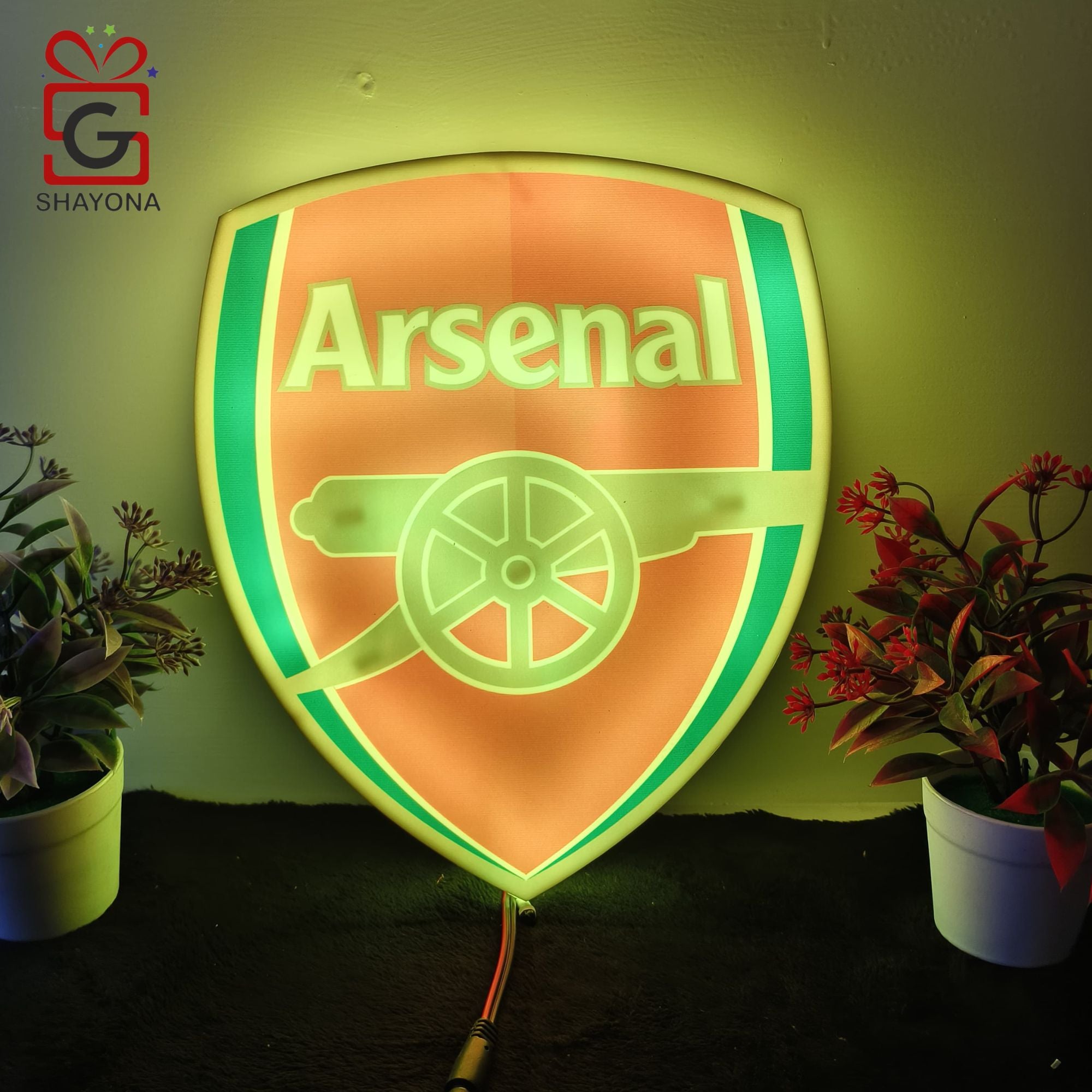 Shayona Wooden Handmade Arsenal FC LED Logo Luminous for Football Fan's 3D LED Night Lamp Multicolor Decorative Wall Design Led Wooden Logo Lights for Home Office Bedroom (multicolor)