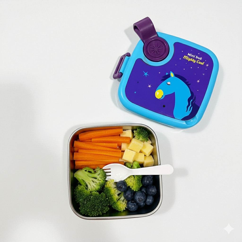 Shayona Customized Name Engraved Premium Stainless Steel Lunch Box Lunch Box with Stainless Steel Tray | Cute Horse Design “Mini but Mighty Cool” | Leak-Proof, BPA-Free Tiffin with Spoon & Fork