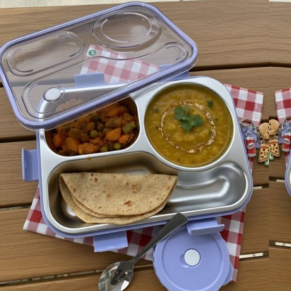 Shayona Customized Name Stainless Steel 3-Compartment Lunch Box for Adults & Kids | with Spoon | Insulated Tiffin Box for Office, School & Travel (Purple)