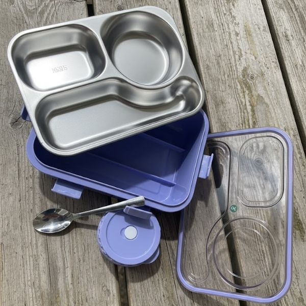 Shayona Customized Name Stainless Steel 3-Compartment Lunch Box for Adults & Kids | with Spoon | Insulated Tiffin Box for Office, School & Travel (Purple)