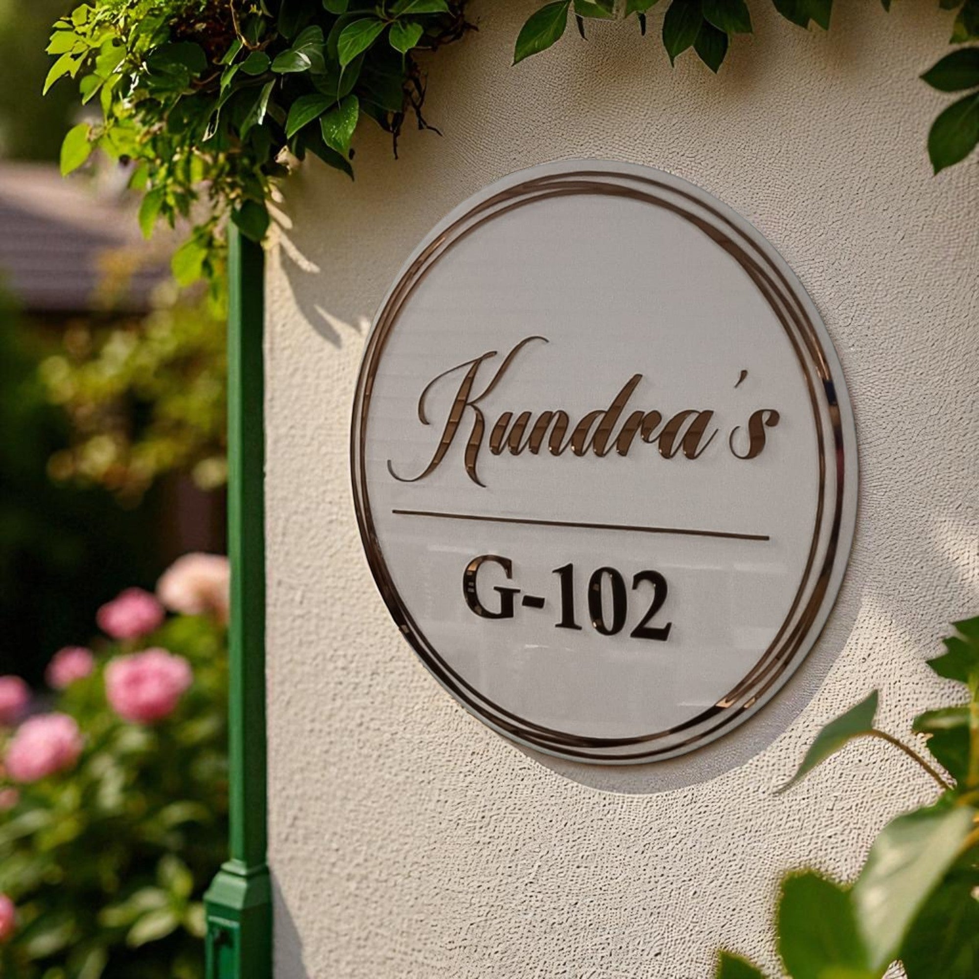 Shayona Customized Round White Acrylic Name Plate with 3D Silver Letters & Chrome Border for Home/Flat