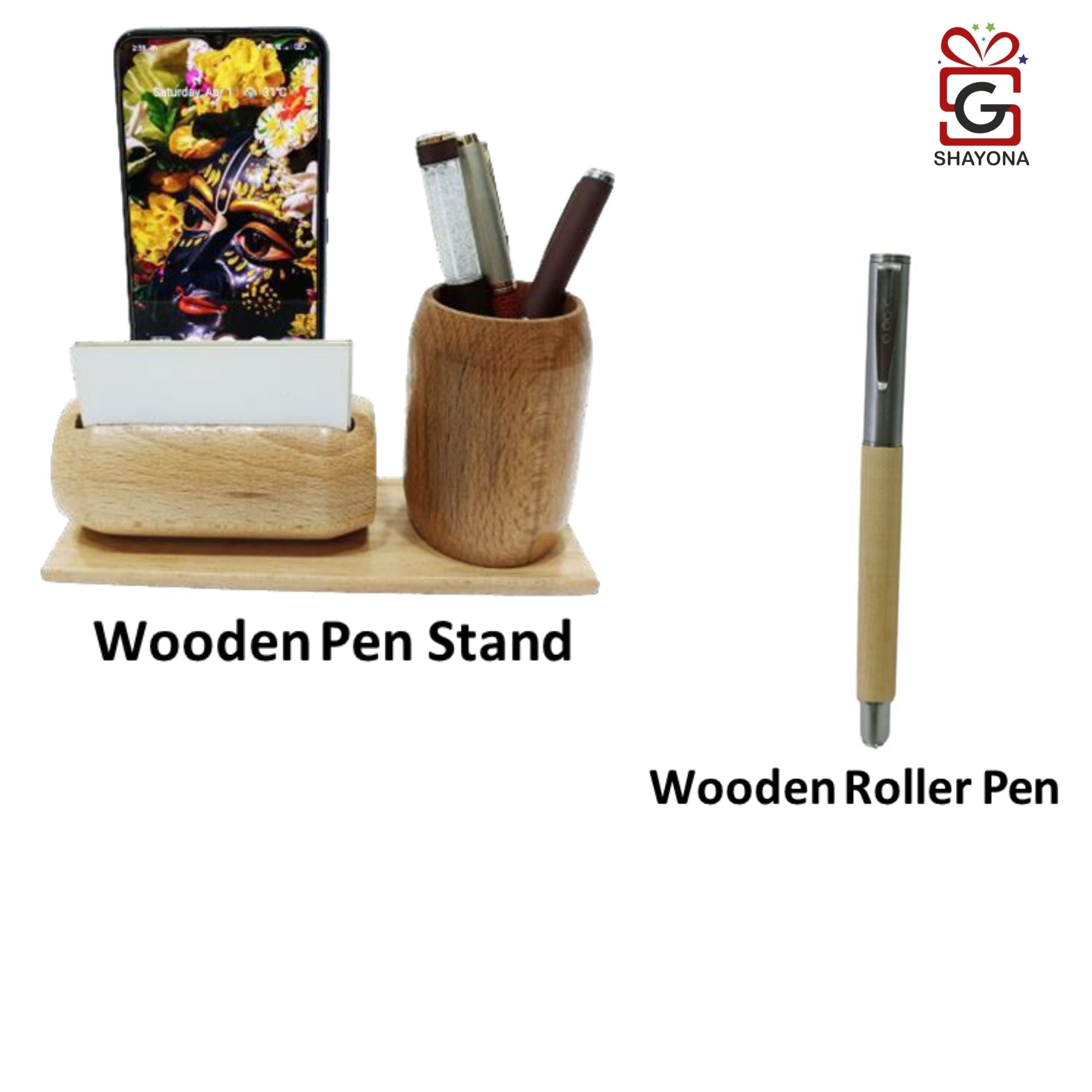 Shayona Wooden pen stand with pen.
