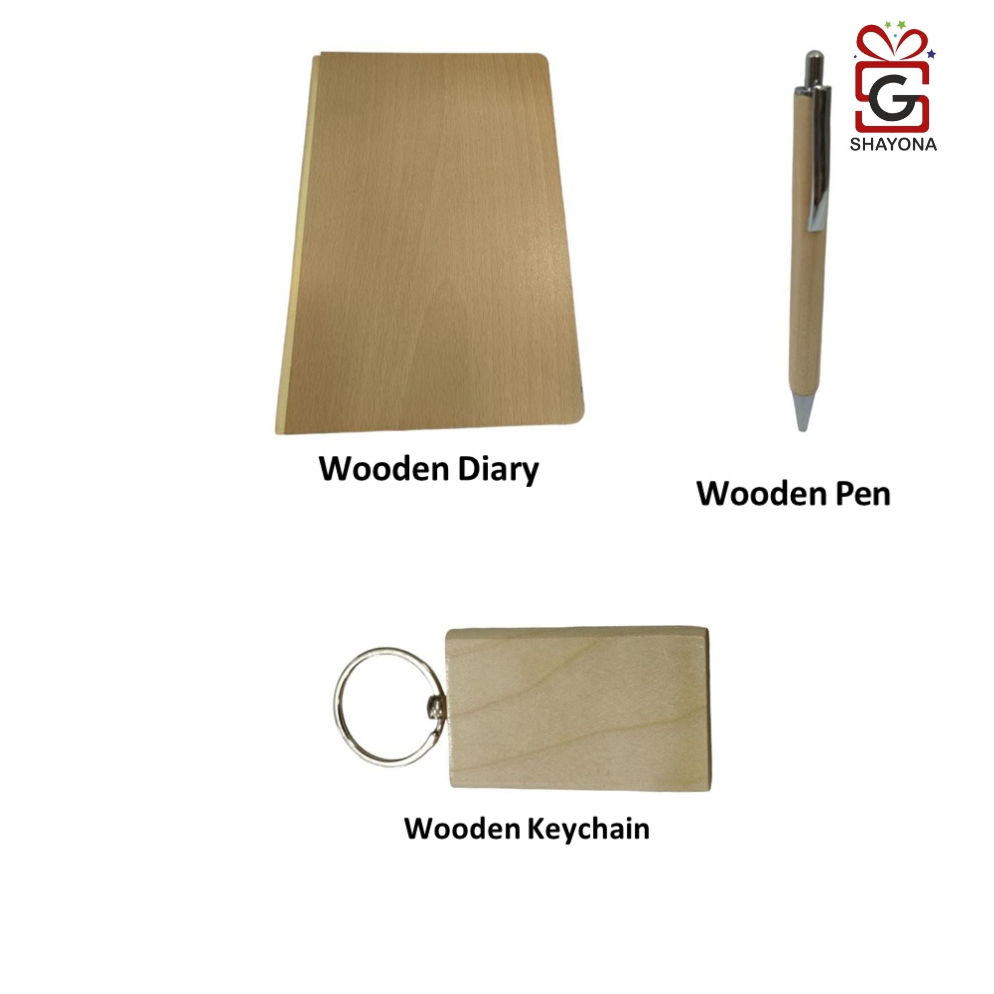 Shayona Wooden diary pen and keychain set.