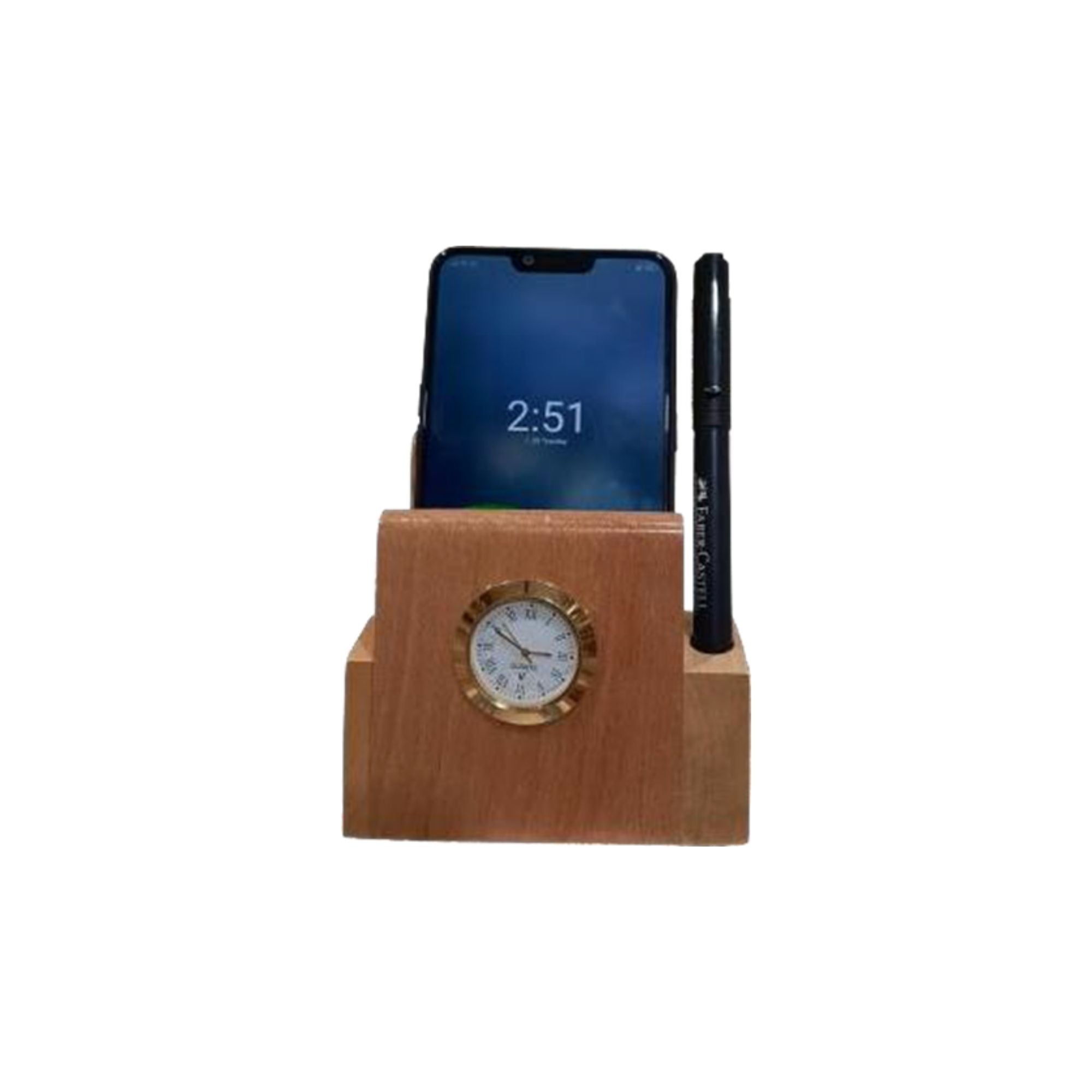 Shayona Wooden Mobile And Pen Stand with clock, For Office Desktop DW 9559 W