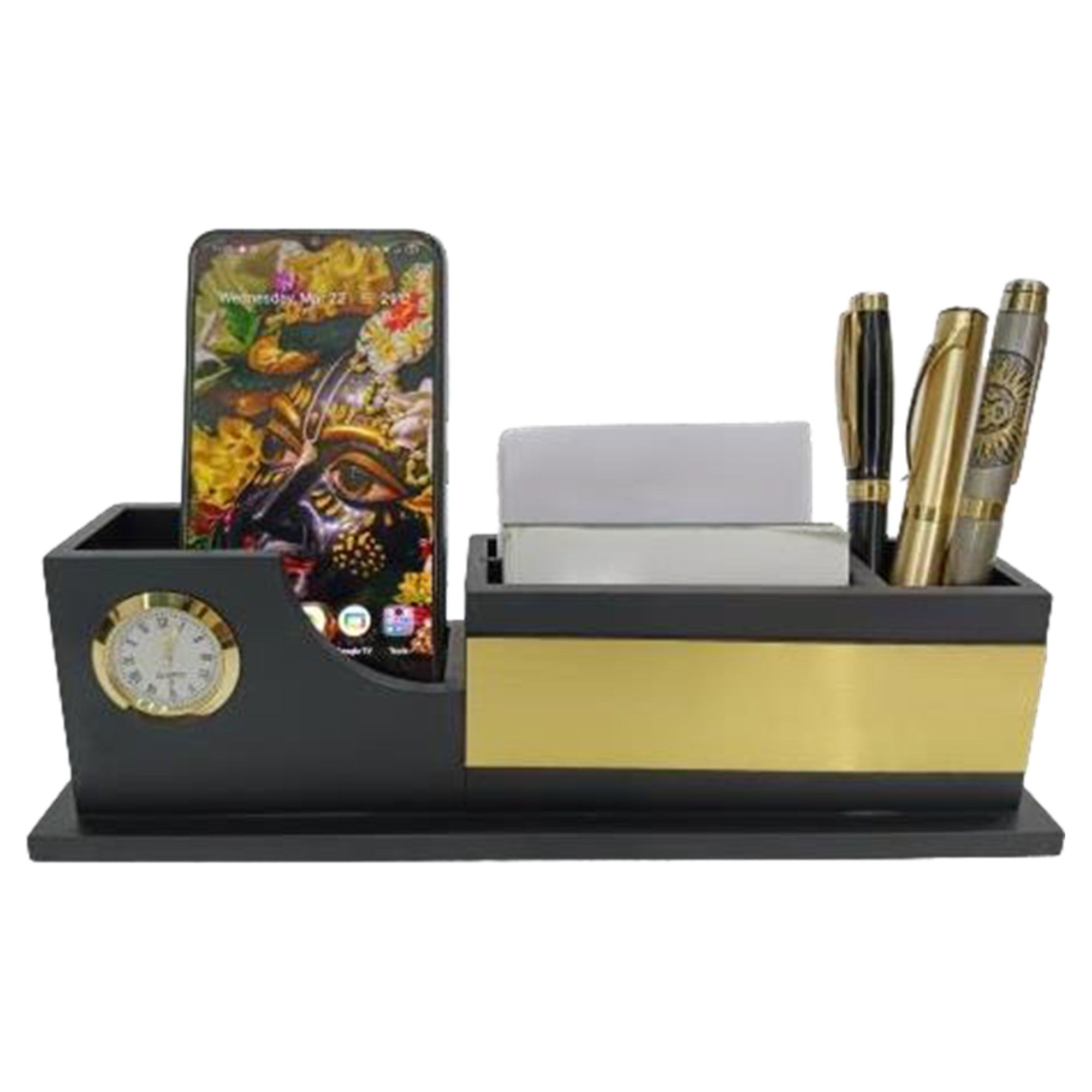 Shayona Wooden Pen Stand with Mobile,Card Holder Inserted Watch Wood for Office use, Table, Desk, Study Table