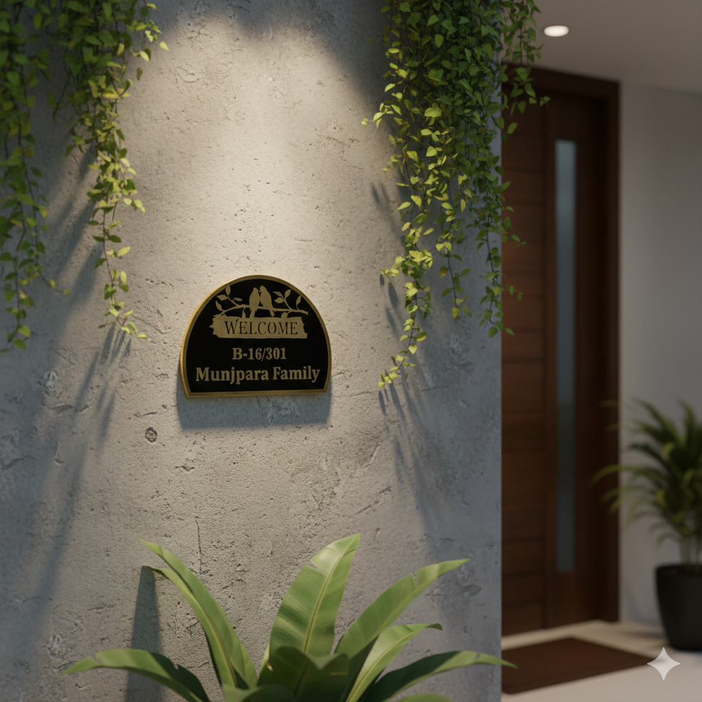 Shayona Customized Black & Gold Arc Name Plate | Love Birds Welcome Sign with House Number & Family Name