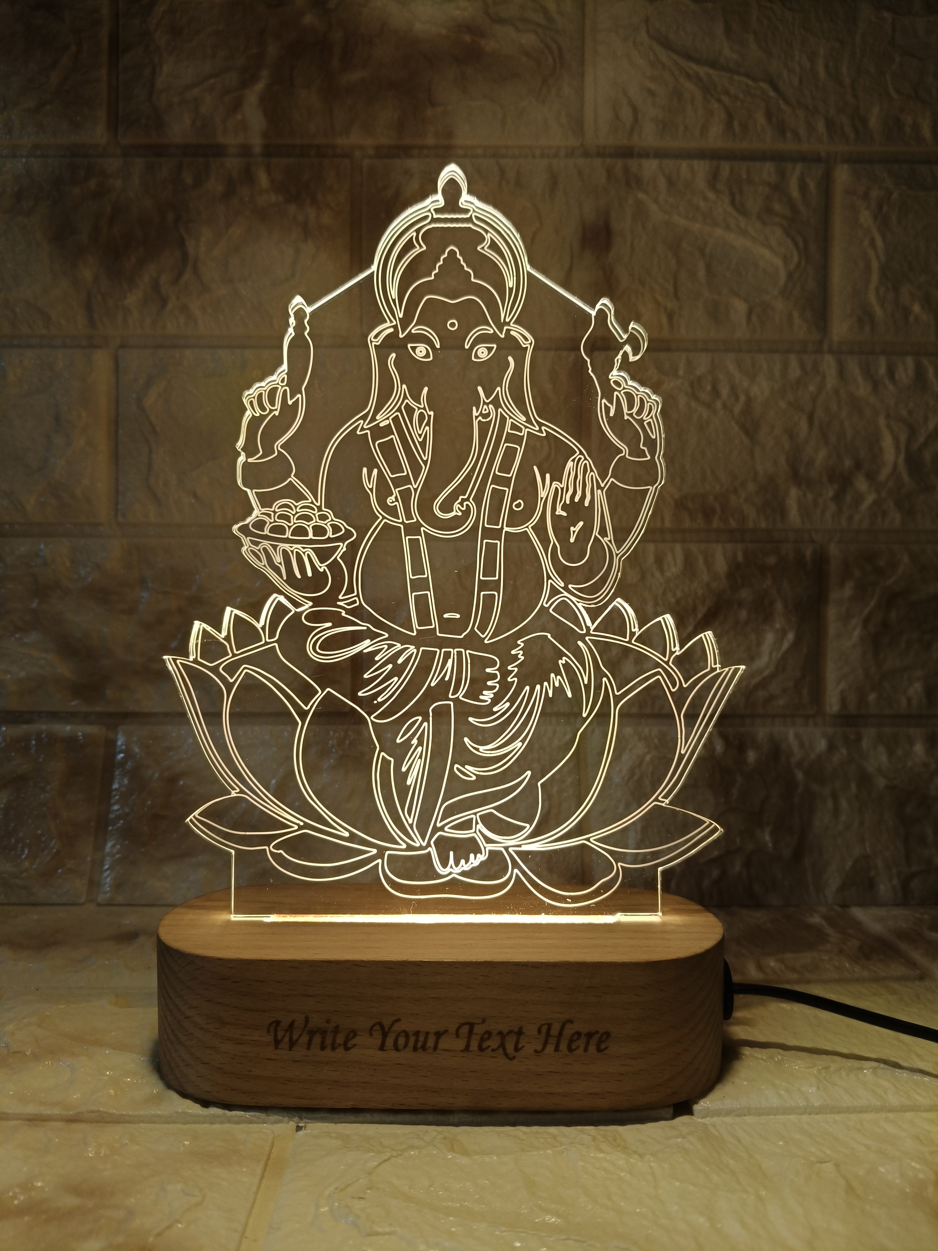 shayona Lord Ganesha LED Acrylic Lamp | Personalized Engraving | Wooden Base Night Light
