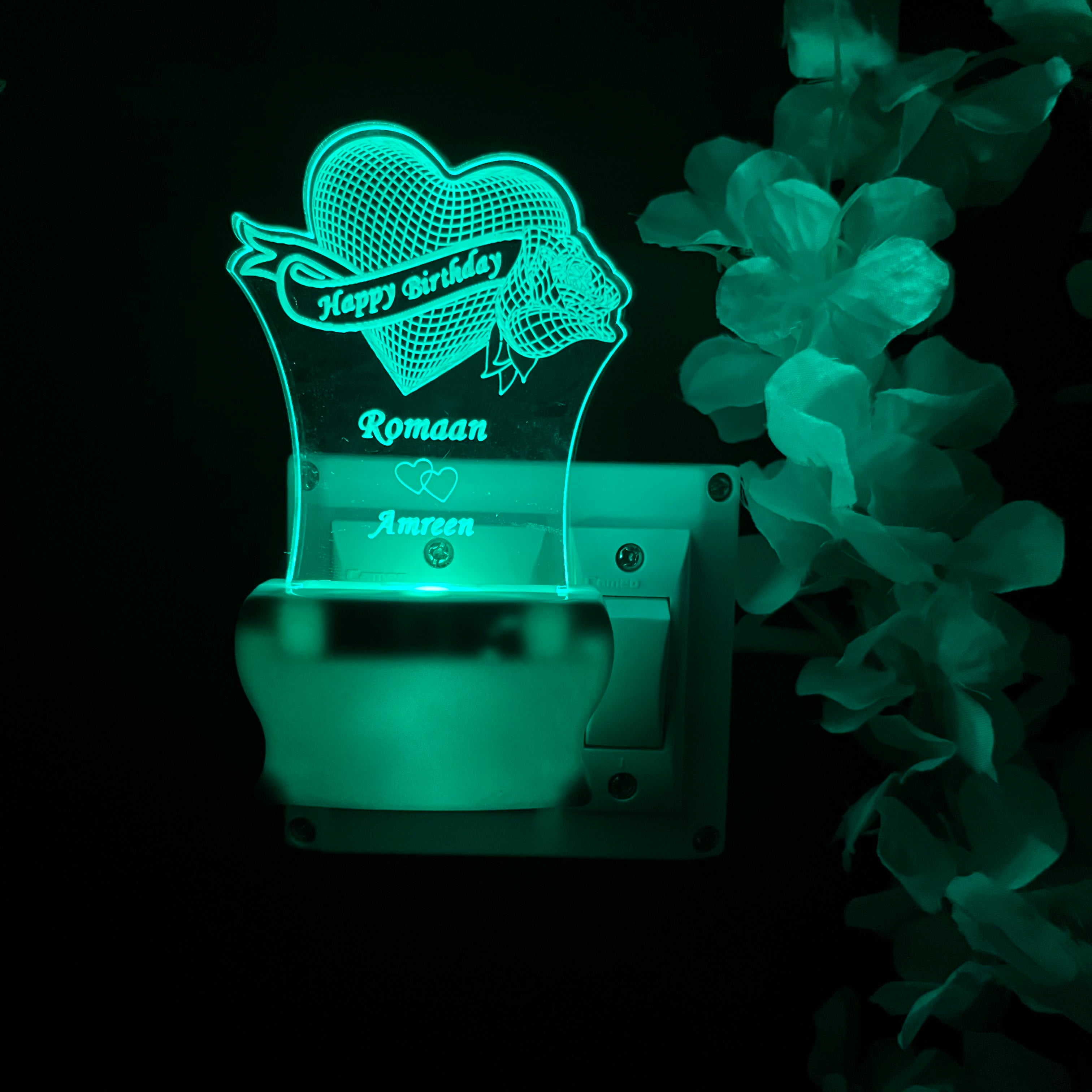 Personalised Couple Name and Date Heart Design LOVE Heart Plug in NIGHT Lamp