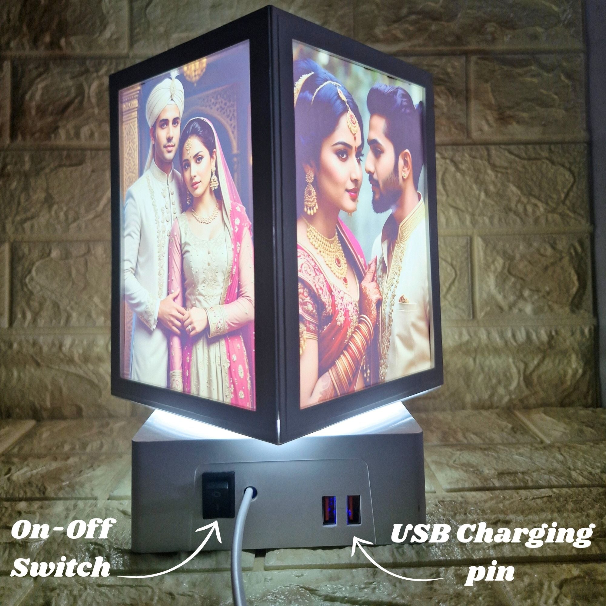 Shayona Personalized Rotating Photo Lamp with LED Light | Custom Picture Table Lamp with USB Charging Ports | Unique Wedding, Anniversary & Birthday Gift