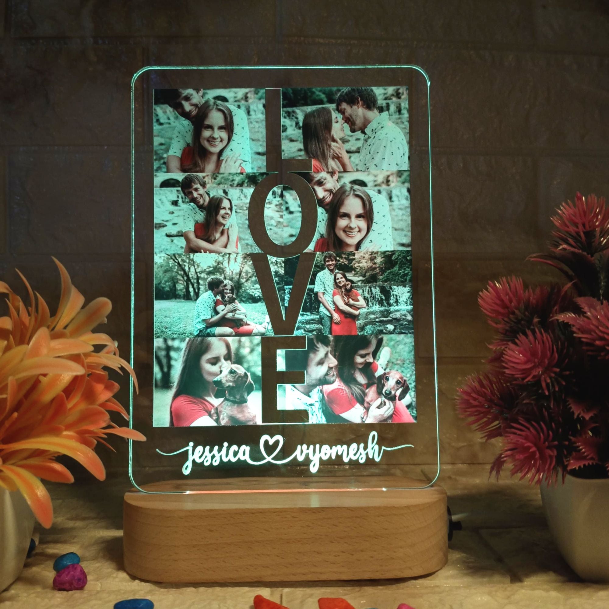 Shayona Personalized LOVE Photo Frame LED Lamp – Custom Couple Name & Photo Display – Romantic Anniversary, Wedding, Valentine’s Day Gift – Acrylic LED Light with Wooden Base