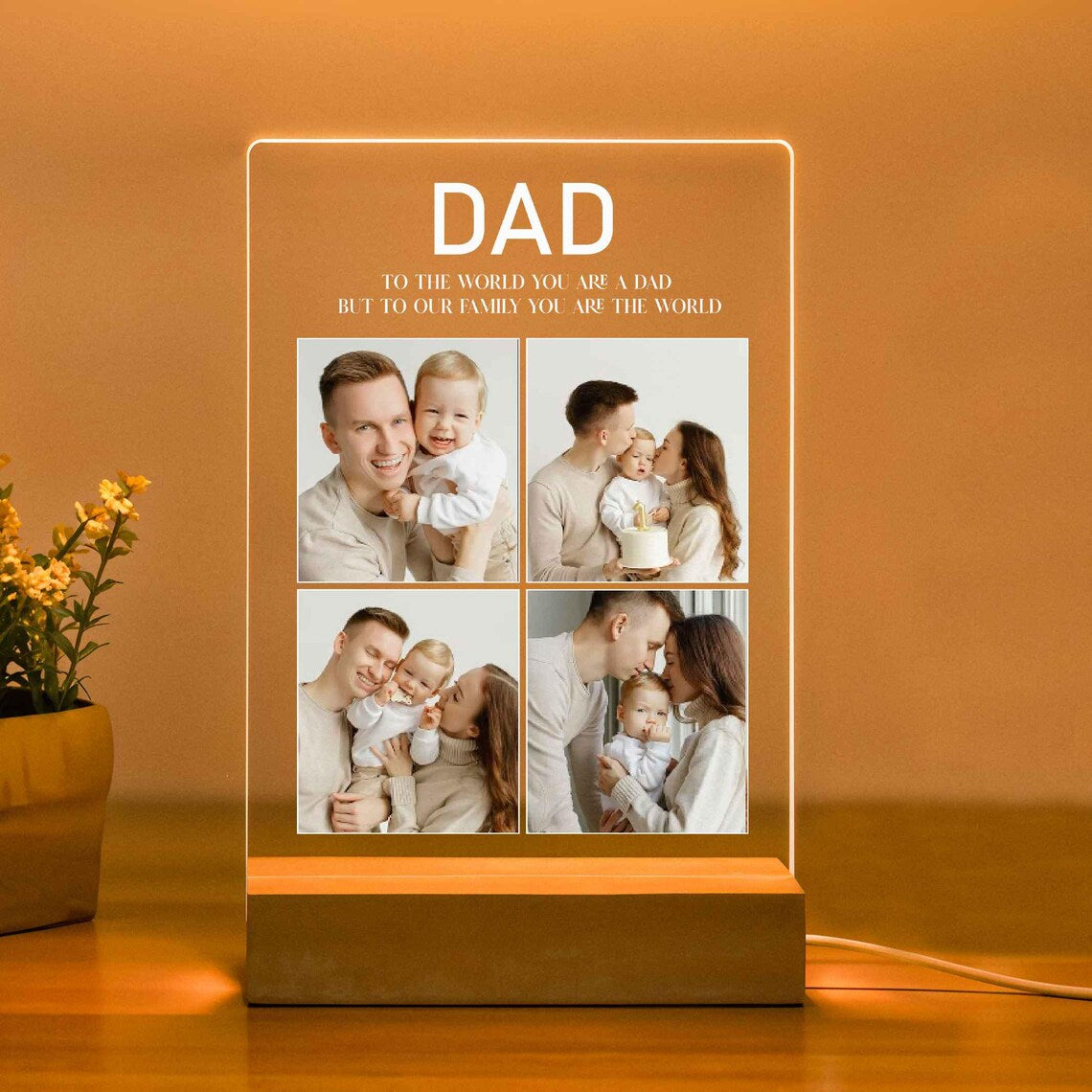 SHAYONA Custom LED Acrylic Night Light for Dad – Personalized 4-Photo with Engraved Quote – Unique Gift for Father's Day, Birthday, or Christmas from Wife and Kids