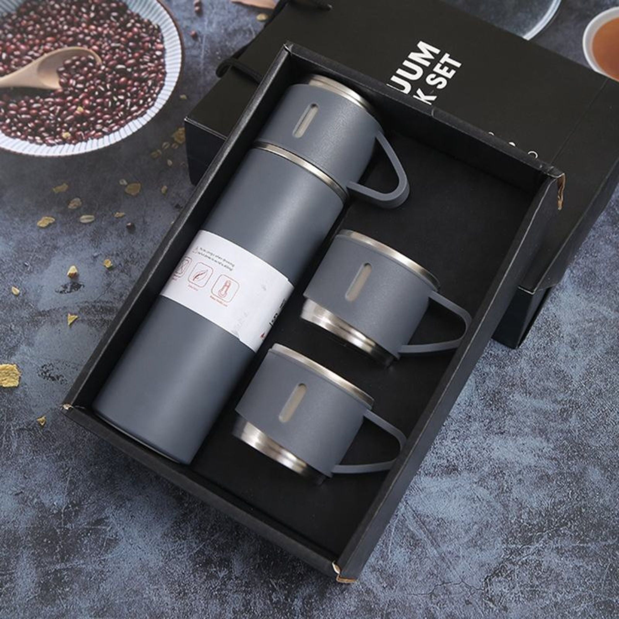 Shayona Stainless Steel Grey Vacuum Flask With 2 Cups Gift Set, For Office