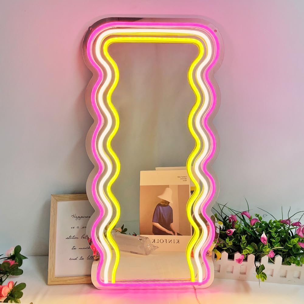 Shayona Mirror Neon Signs for Wall Decor, 21.3"x 10.6" Wall Mounted Irregular Decorative Mirrors with Dimmable Neon Lights as Gifts for Women Girls, Funny Preppy Room Decor and Office Decor