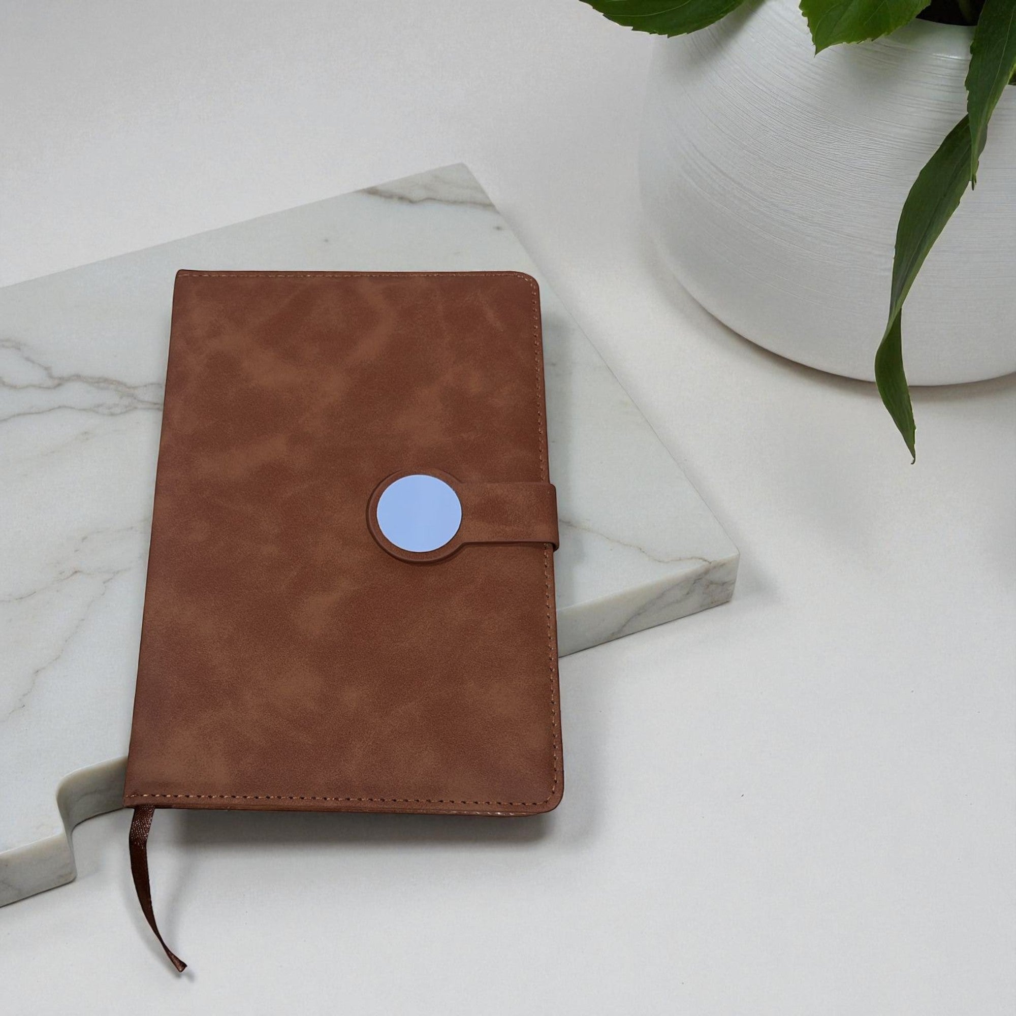 Shayona Modern Tan Suede-Look Notebook with Round Blue Accent Clasp Diary for use Office, Journaling & Corporate Gifting