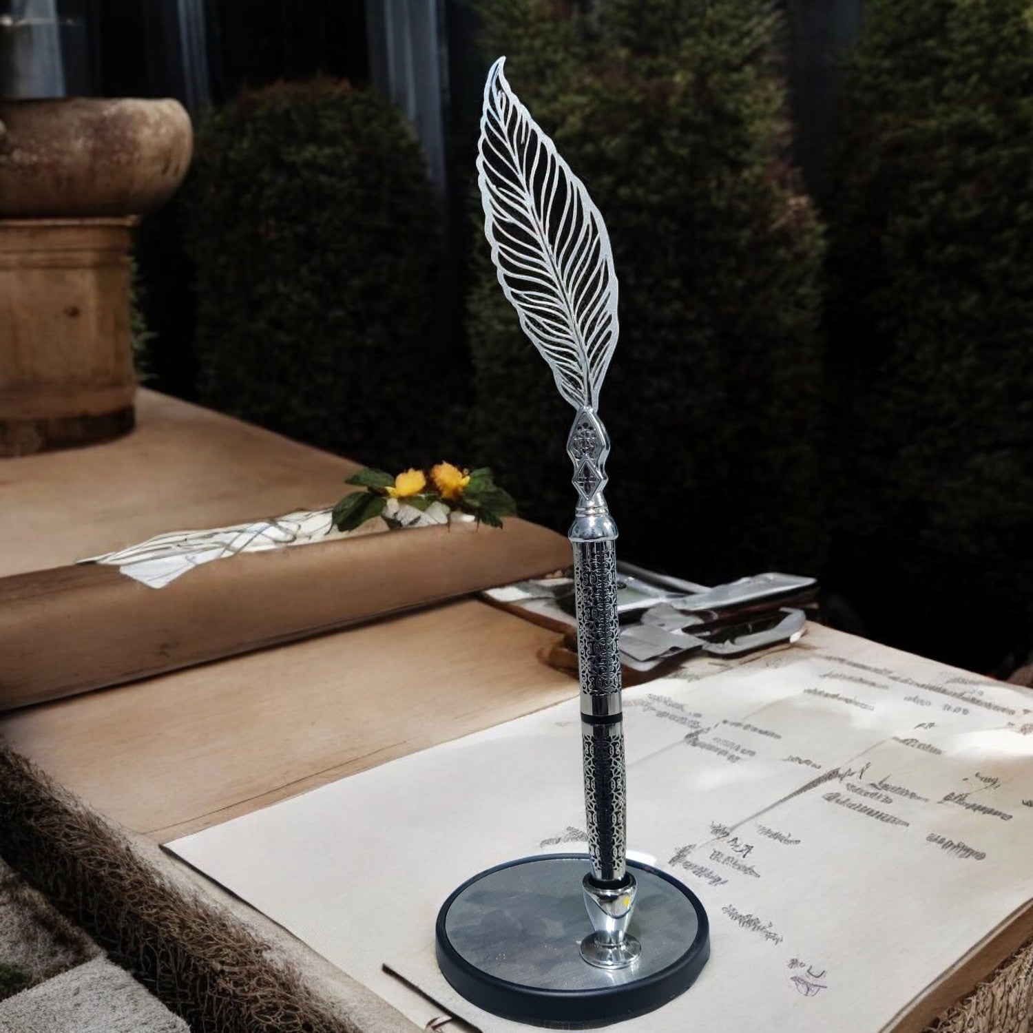 SHAYONA Luxury Corporate Vintage Gift Set of Chrome Plated Abstract Design Pen, Elegant Lasercut Feather Logo and Table Top Pen Stand