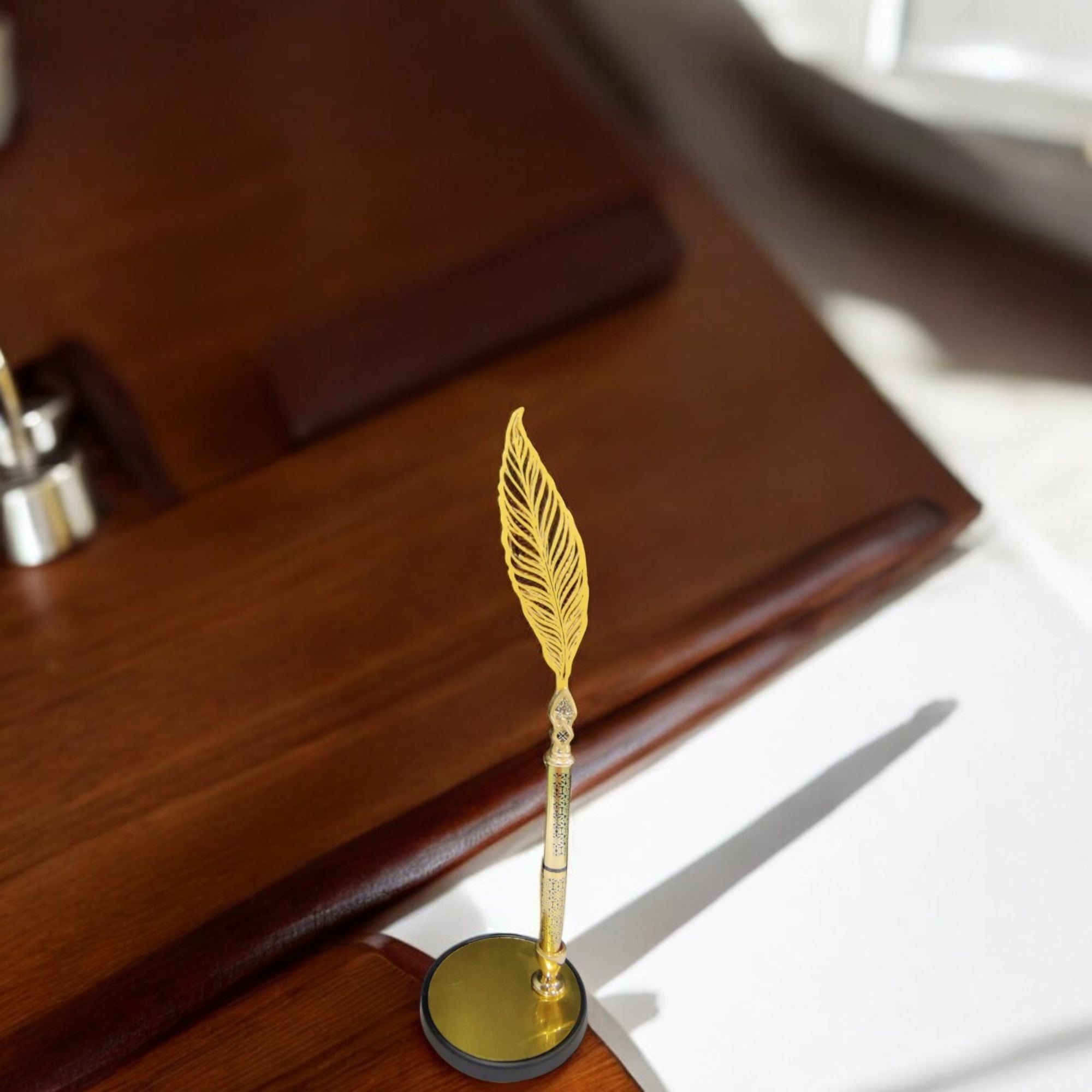 SHAYONA Luxury Corporate Vintage Gift Set of Gold Plated Abstract Design Pen, Elegant Lasercut Feather Gold Logo and Table Top Pen Stand